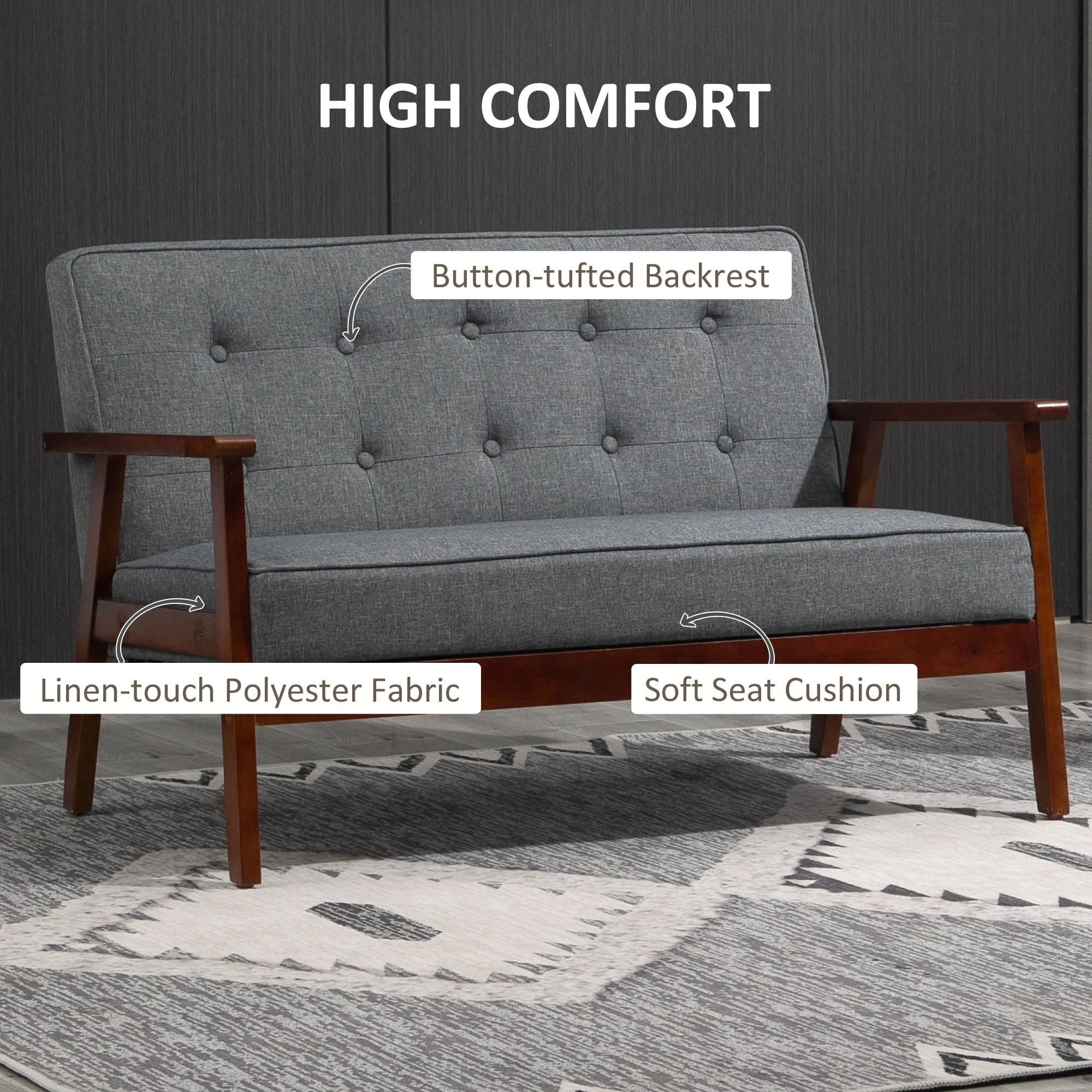HOMCOM Modern Upholstered 2-Seat Loveseat Sofa with Linen-Touch Fabric and Rubberwood Legs, Grey - Image 3