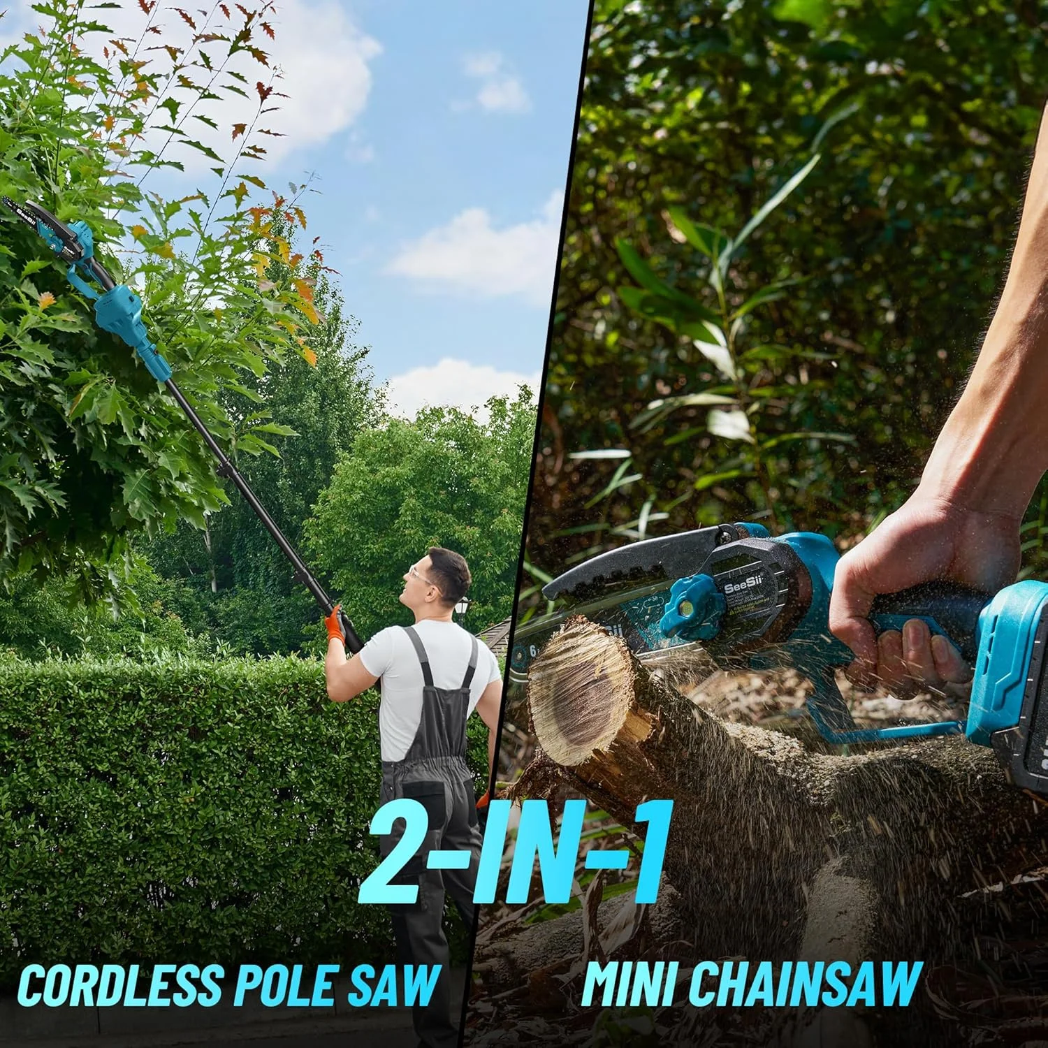 Seesii 2-in-1 Cordless Pole Saw, 6 Inch Brushless Pole Chainsaws Mini Handheld Chainsaw with 2x 4.0Ah 21V Batteries, 2x Chains, Auto Oiler, 16FT MAX Extension Pole for Tree Trimming - Image 6