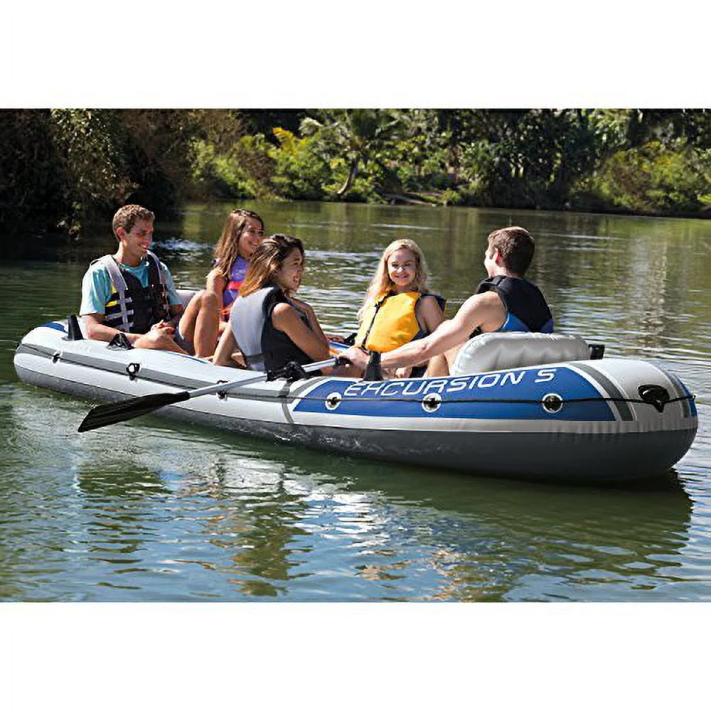 Intex 68325EP Excursion Inflatable 5 Person Heavy Duty Fishing Boat Raft Set with 2 Aluminum Oars & High Output Air Pump for Lakes & Mild Rivers, Gray - Image 3