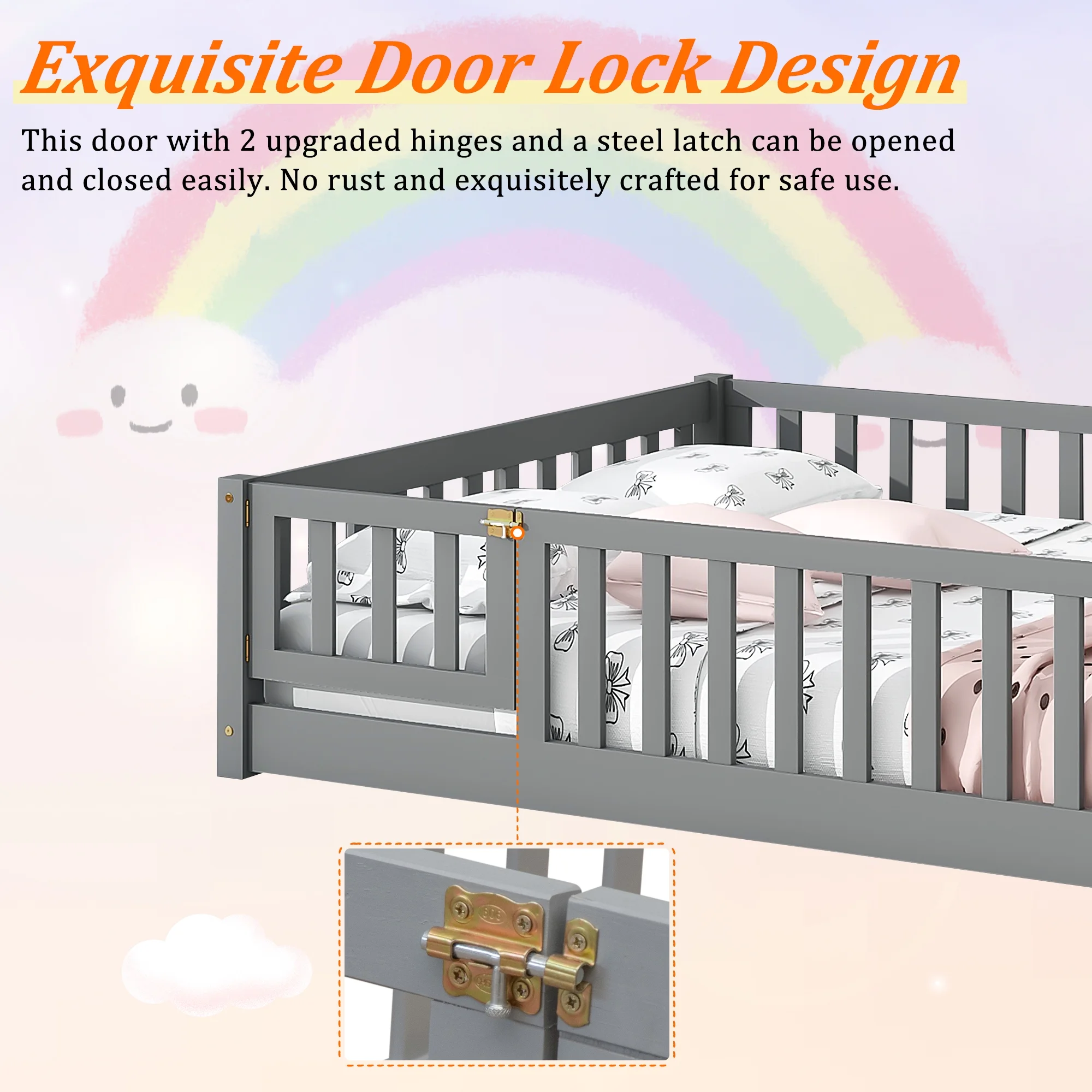 UHOMEPRO Twin Size Floor Bed with Door and Fence, Montessori Floor Bed with Slats and Safety Guardrails, Solid Wood Twin Bed Frame for Bedroom, White - Image 33