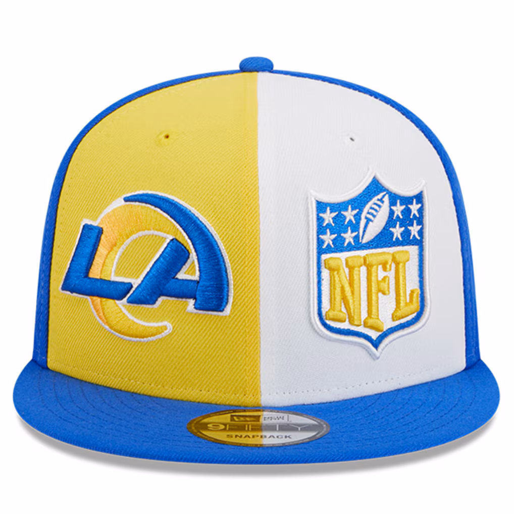 Front view of the Los Angeles Rams New Era 9FIFTY Snapback highlighting the split yellow and white front panels with dual embroidered logos