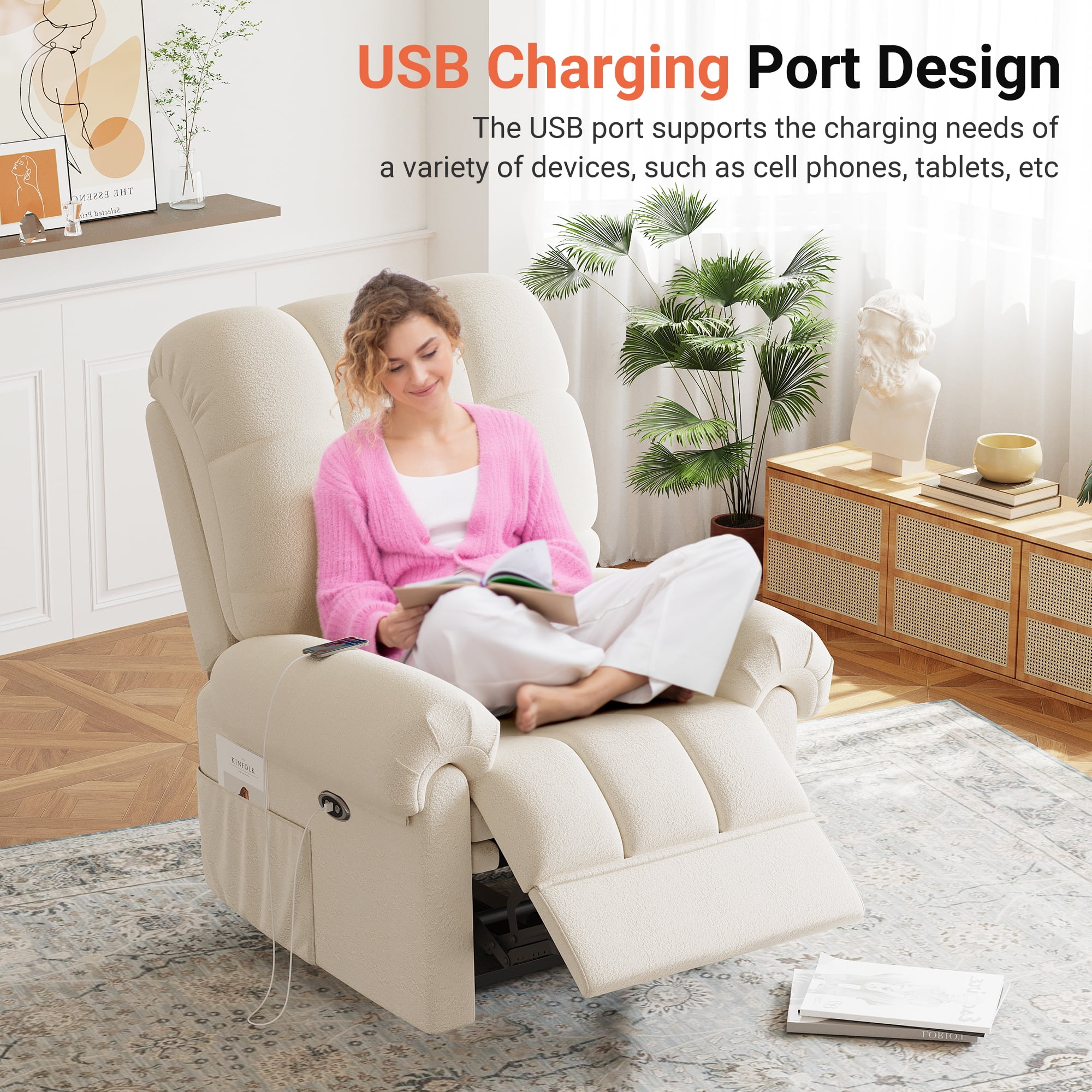 Power Recliner Chair,Electric Recline Sofa Chair for Adults with USB Port,Comfy Teddy Fleece Adjustable Cloud Sofa,Tool-Free Setup,Beige White - Image 11