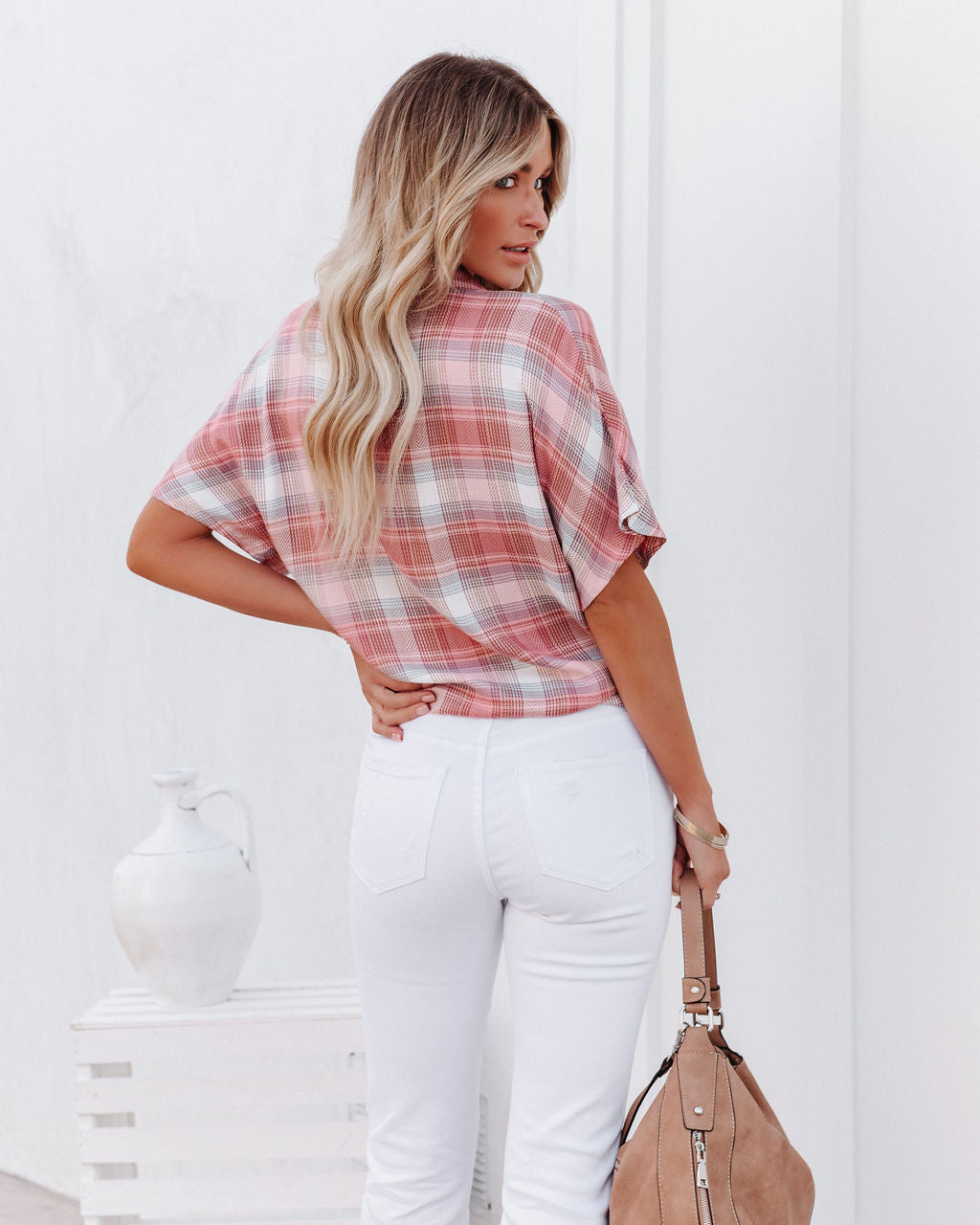 Gaia Plaid Button Down Tie Top - Blush - SALE - Se7enfashion