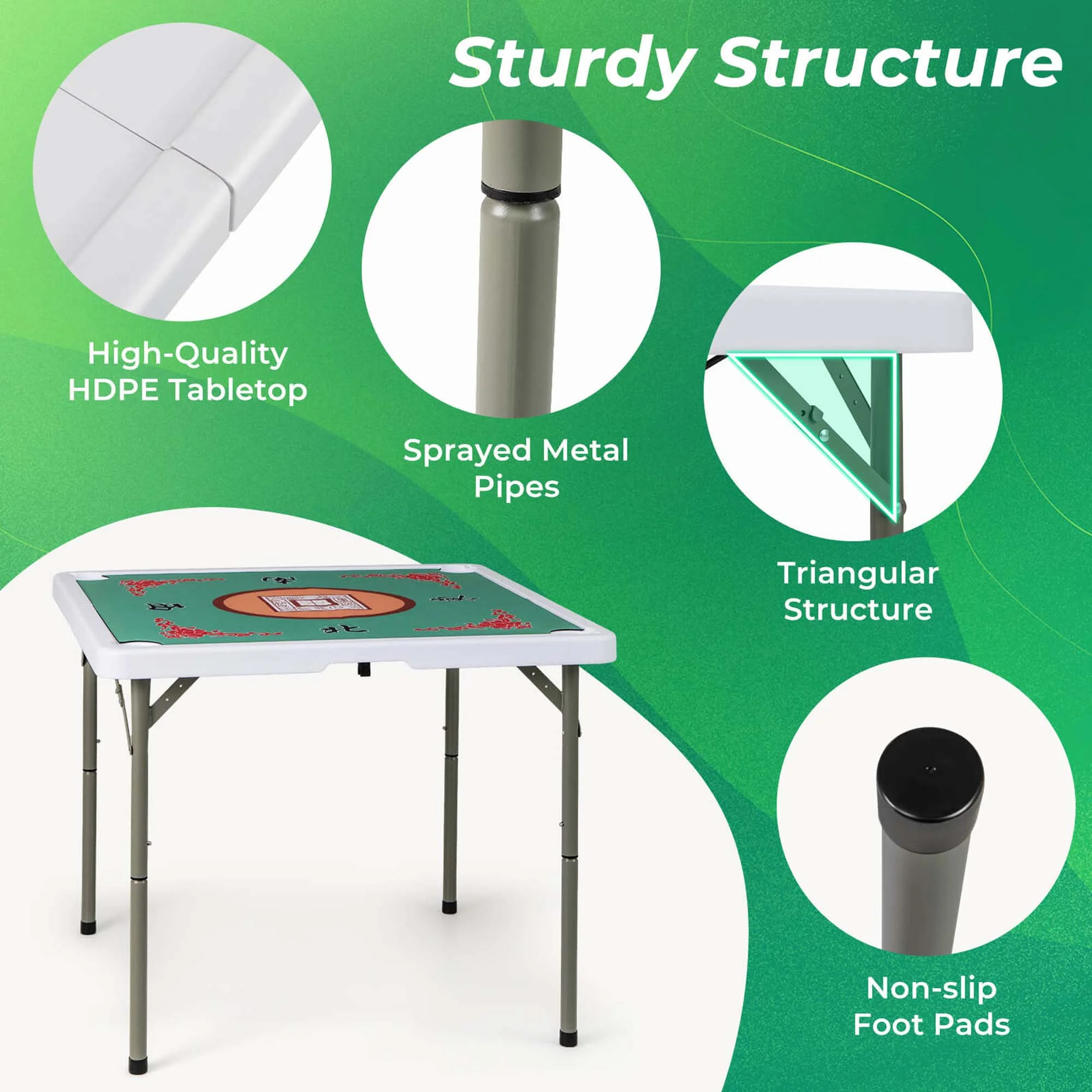 Costway 35" Folding Mahjong Table with Cup Holders & Smooth Felt Mat Carrying Handle Green - Image 38