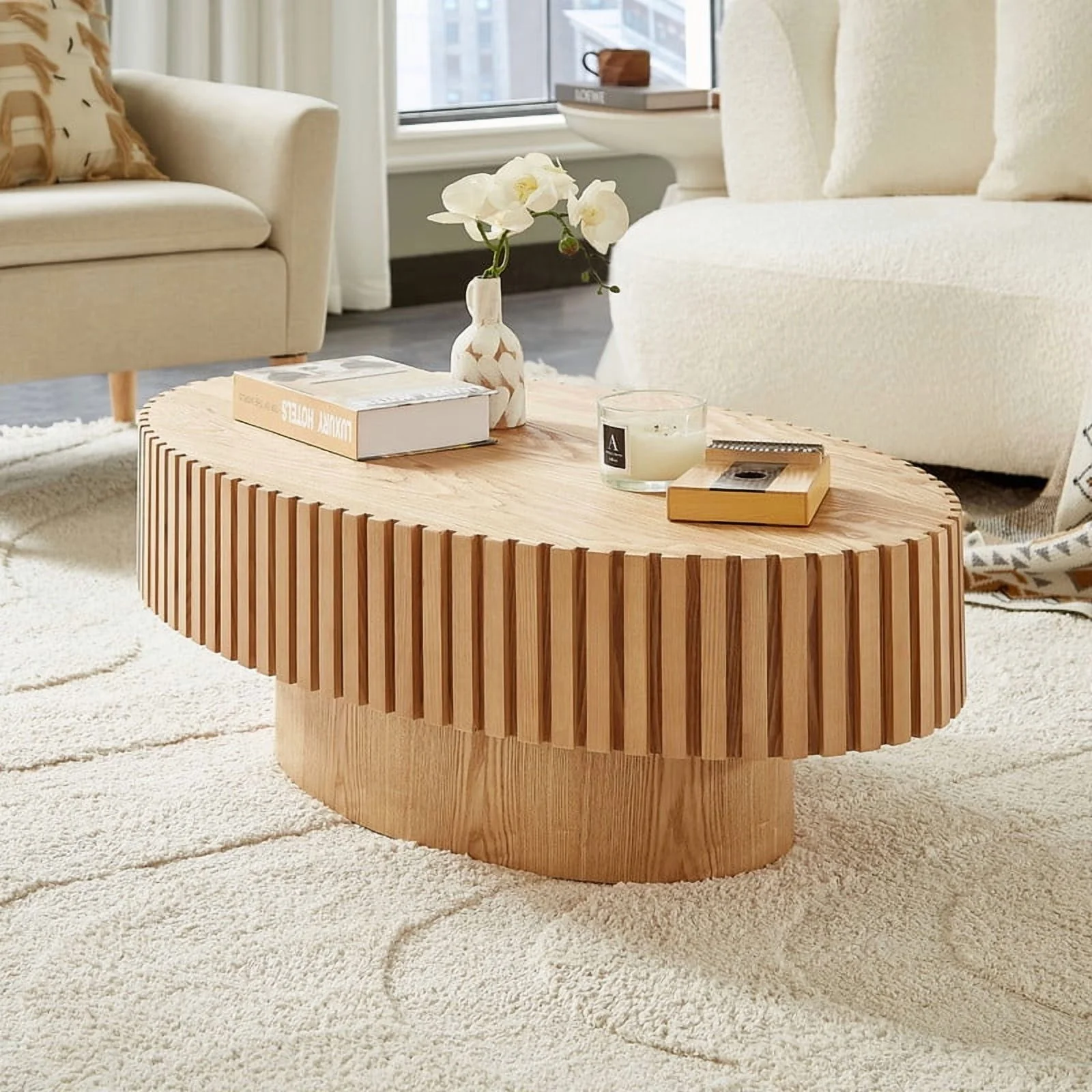 FFH 43.7 inch Oval Coffee Table for Living Room,Handcraft Rustic Corner Coffee Table Nature Wood Relief Sturdy Pedestal for Apartmen,Side Table Centre Table,Nature Wood - Image 54