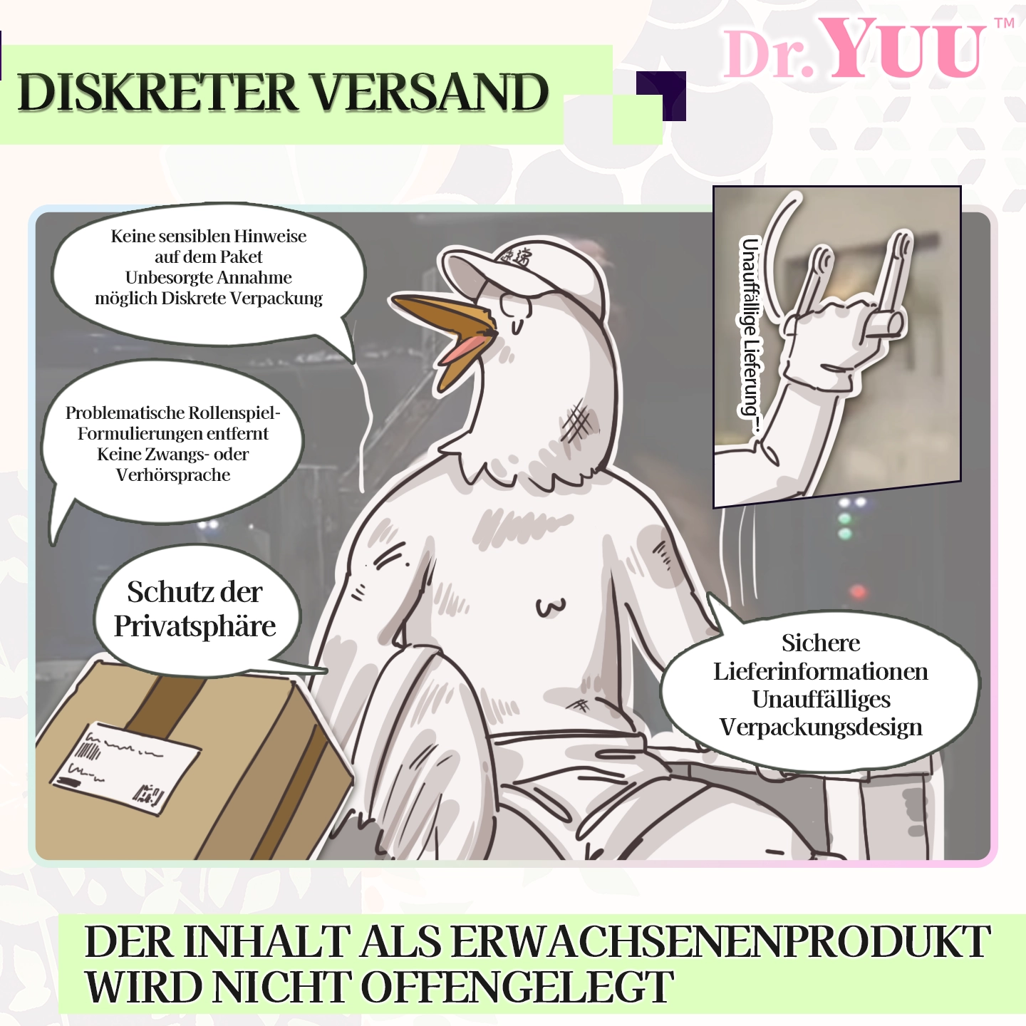 Illustration eines diskreten Versands mit neutralem Karton, stilisiertem weißen Charakter und Hinweisen zum Schutz der Privatsphäre.