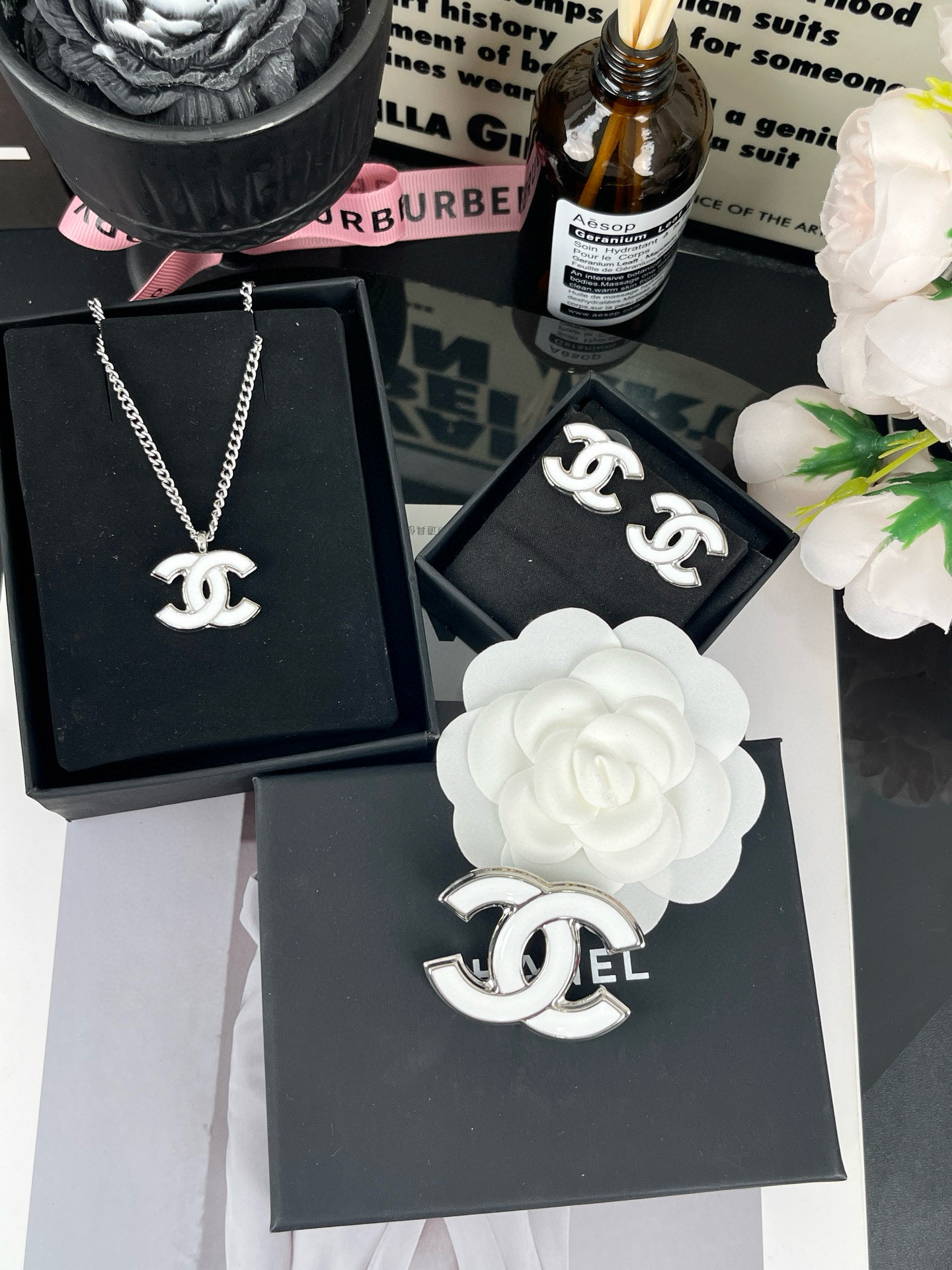 Chanel White Enamel CC Earrings Necklace Brooch - Original Replica Club