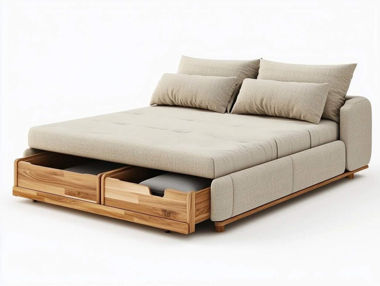 Sofá cama beige tipo escandinavo de tela y madera con cajones de almacenamiento para salón 200x150 cm multifunción TJ3457983