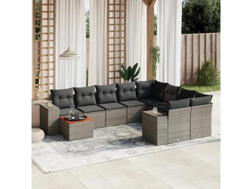 Set de sofás de jardín 10 pzas con cojines ratán sintético gris 59827WHQL