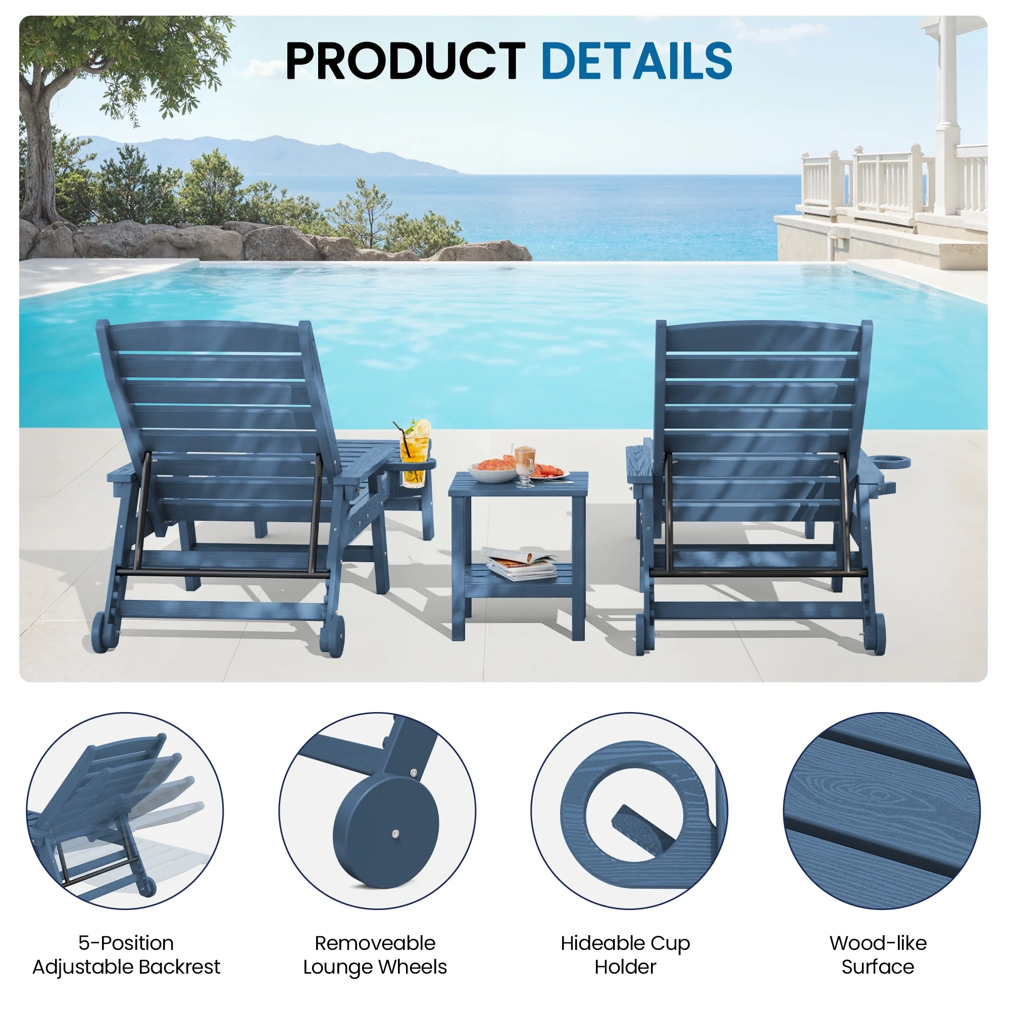 SERWALL Patio Chaise Lounge Chair, 78'' HDPE Outdoor Lounge Chair 5 Positions Pool Lounger Navy Blue - Image 11