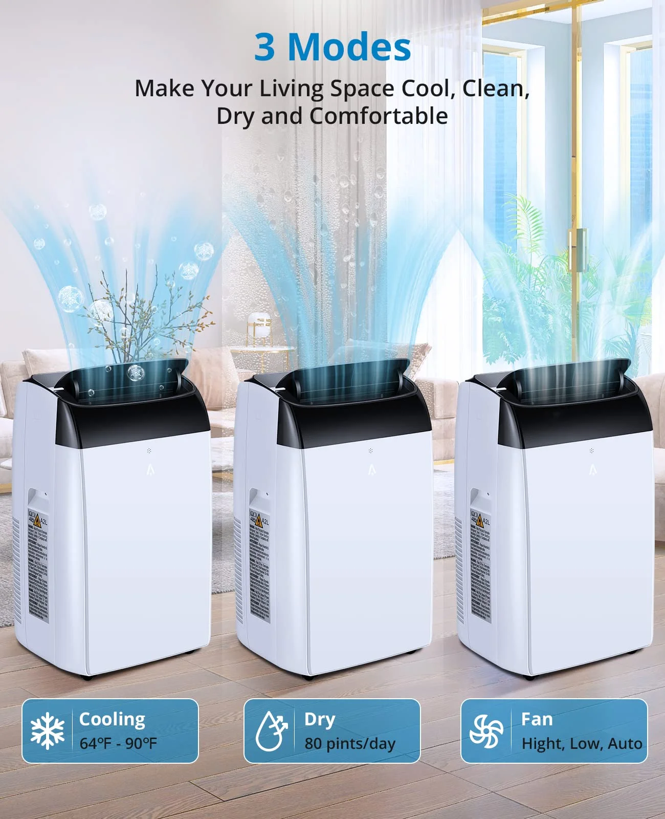 2025 New 14000 BTU Portable Air Conditioner Cools up to 750 Sq.Ft, 3-in-1 Quiet Portable AC Unit with Remote Control & Installation Kits for Large Room, 3 Speed, Auto Swing, 24H Timer - Image 3