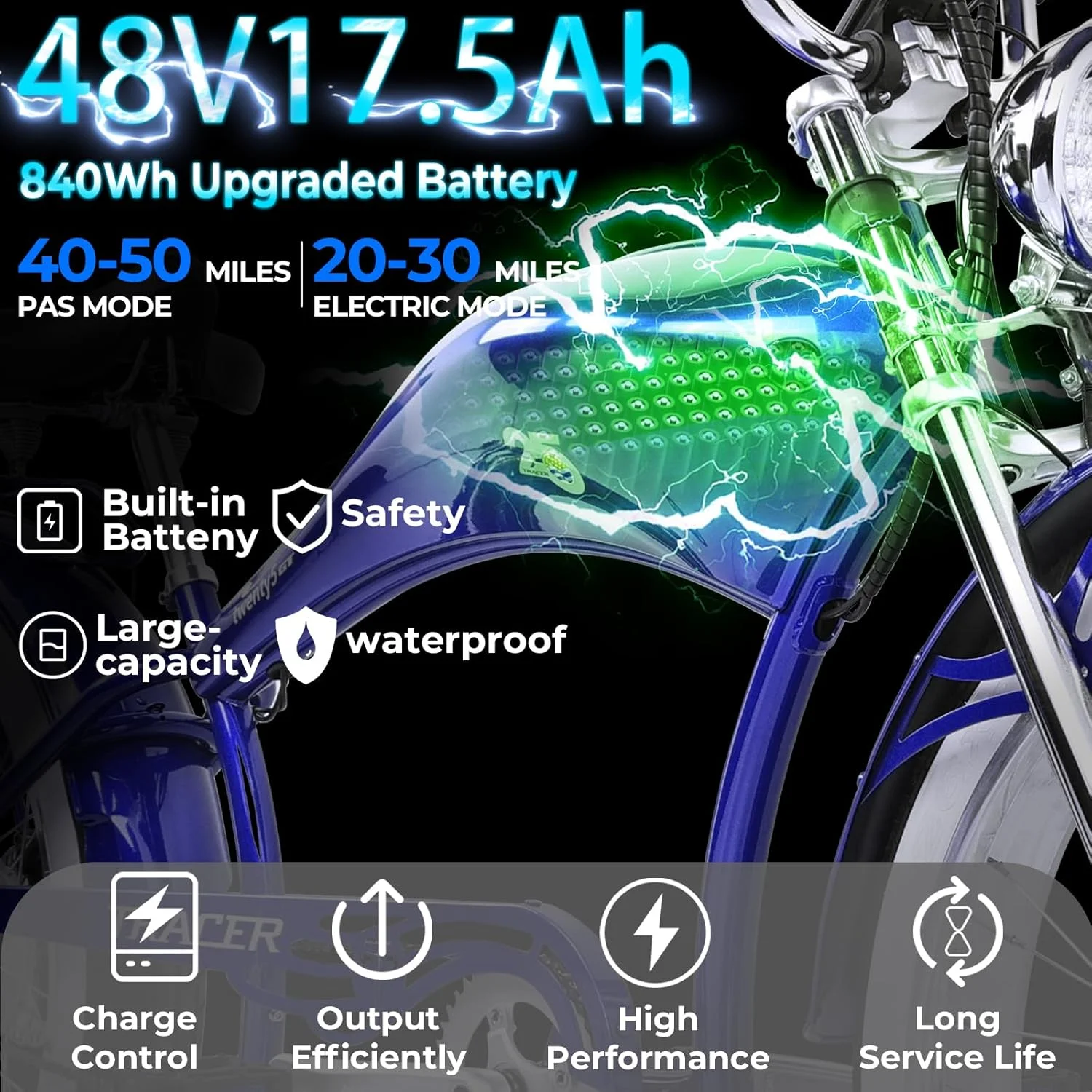 Twenty5 GT 800W Chopper Stretch Cruiser Ebike, 26" Wheels, Supsension Triple Tree Fork, White Wall Tire, Disc Brake, for Men, Blue - Image 6