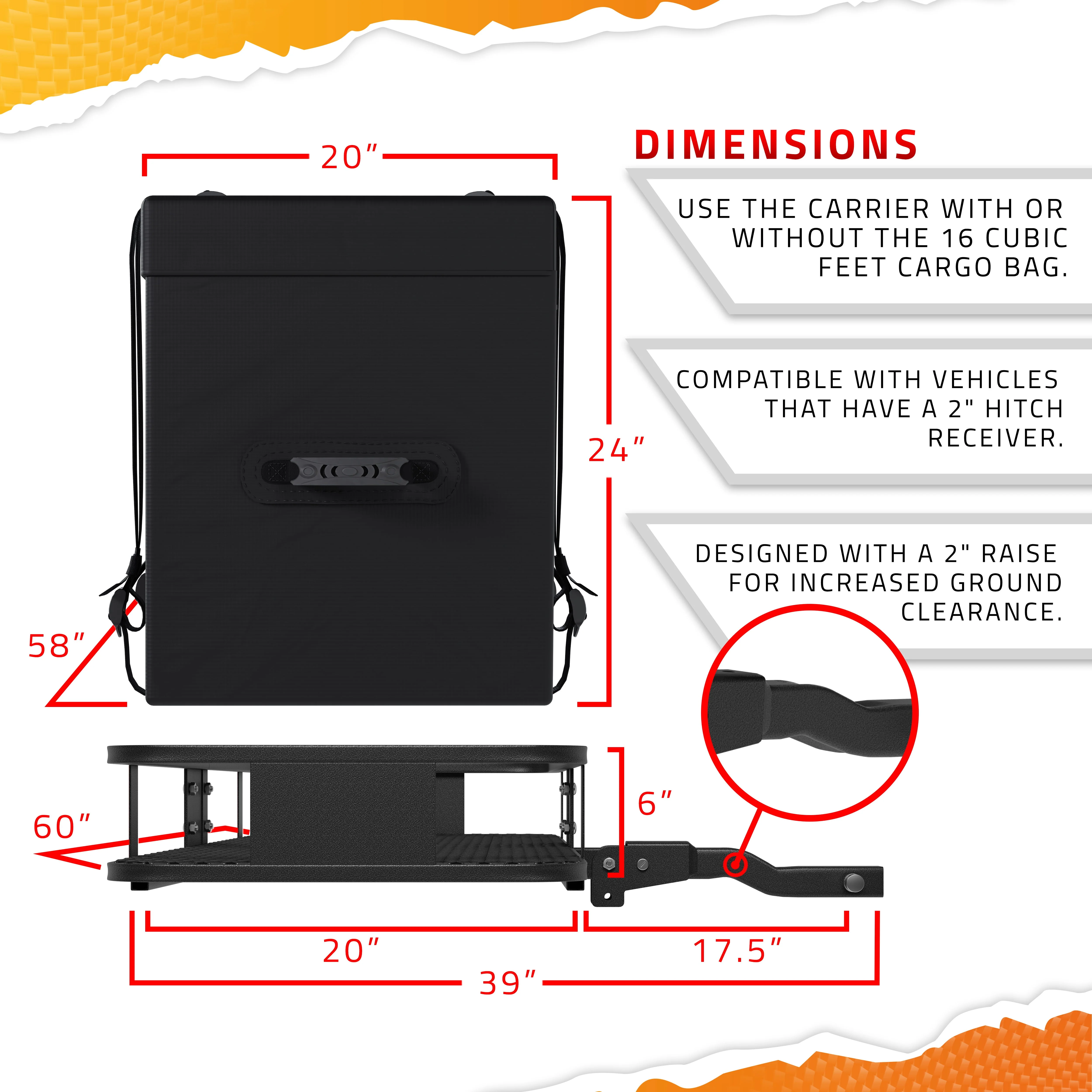 Mockins 60"x20"x6" Car Cargo Carrier Hitch Mount | 500 lbs Cap. Folding Hitch Basket with 16 CF Cargo Bag - Image 9