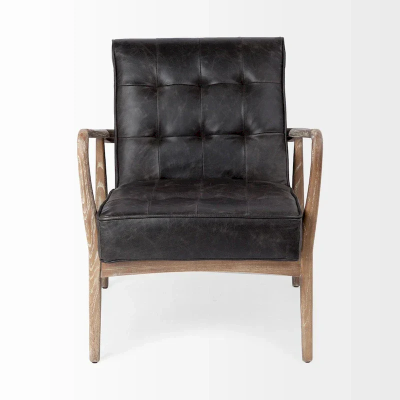 Phineas Black Genuine Leather Accent Chair with Brown Solid Wood Frame