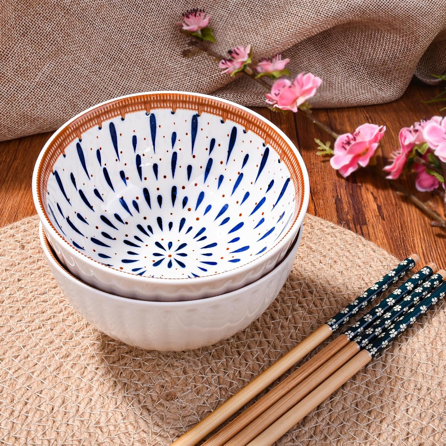 Japanese Ceramic Rice Bowl Set of 2 with Chopsticks, Small Porcelain Bowls for Soup, Grains, Snacks & Side Dishes,Dishwasher & Microwave Safe