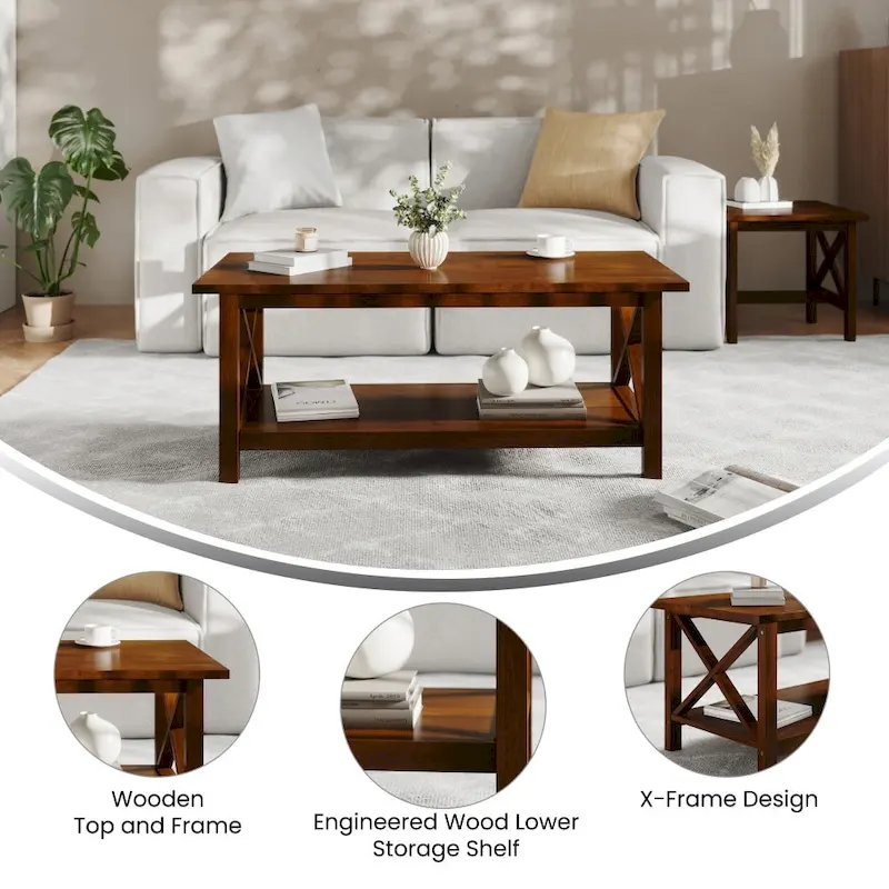 Farmhouse Coffee Table with Shelf and X-Frame Design