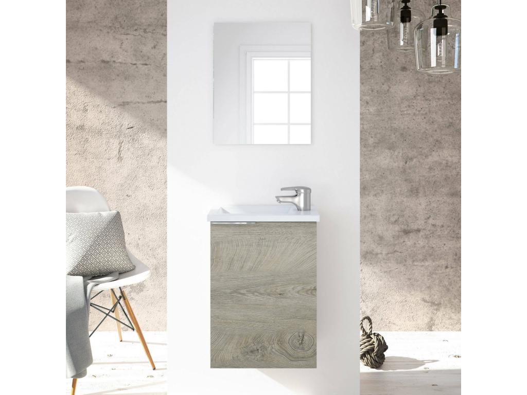 Mueble bajo lavabo Confortzx - Mueble de baño suspendido - armario de 1 puerta con espejo y lavabo - 40x22h58 cm - Roble