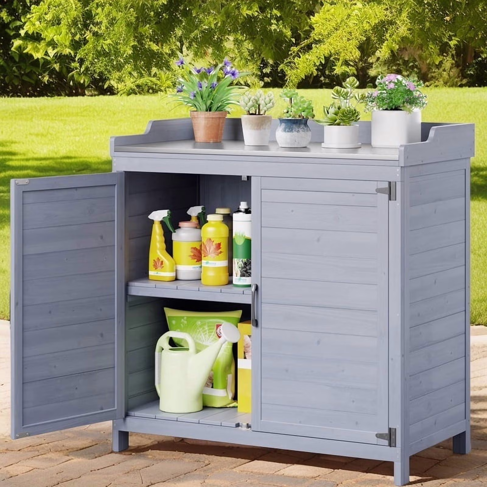 Lofka Outdoor Storage Cabinet, Outdoor Potting Bench Table with Removable Shelves for Yard, Garden, Waterproof Wood - Image 3