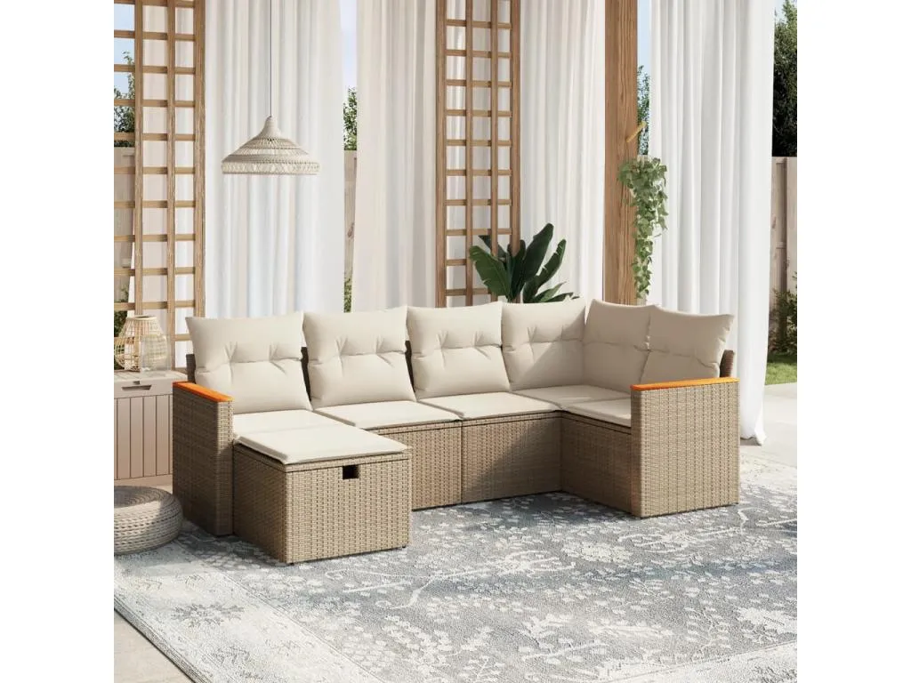 Casabellaes Juego de sofás jardín con cojines 6 pzas ratán sintético beige QSOZ81259
