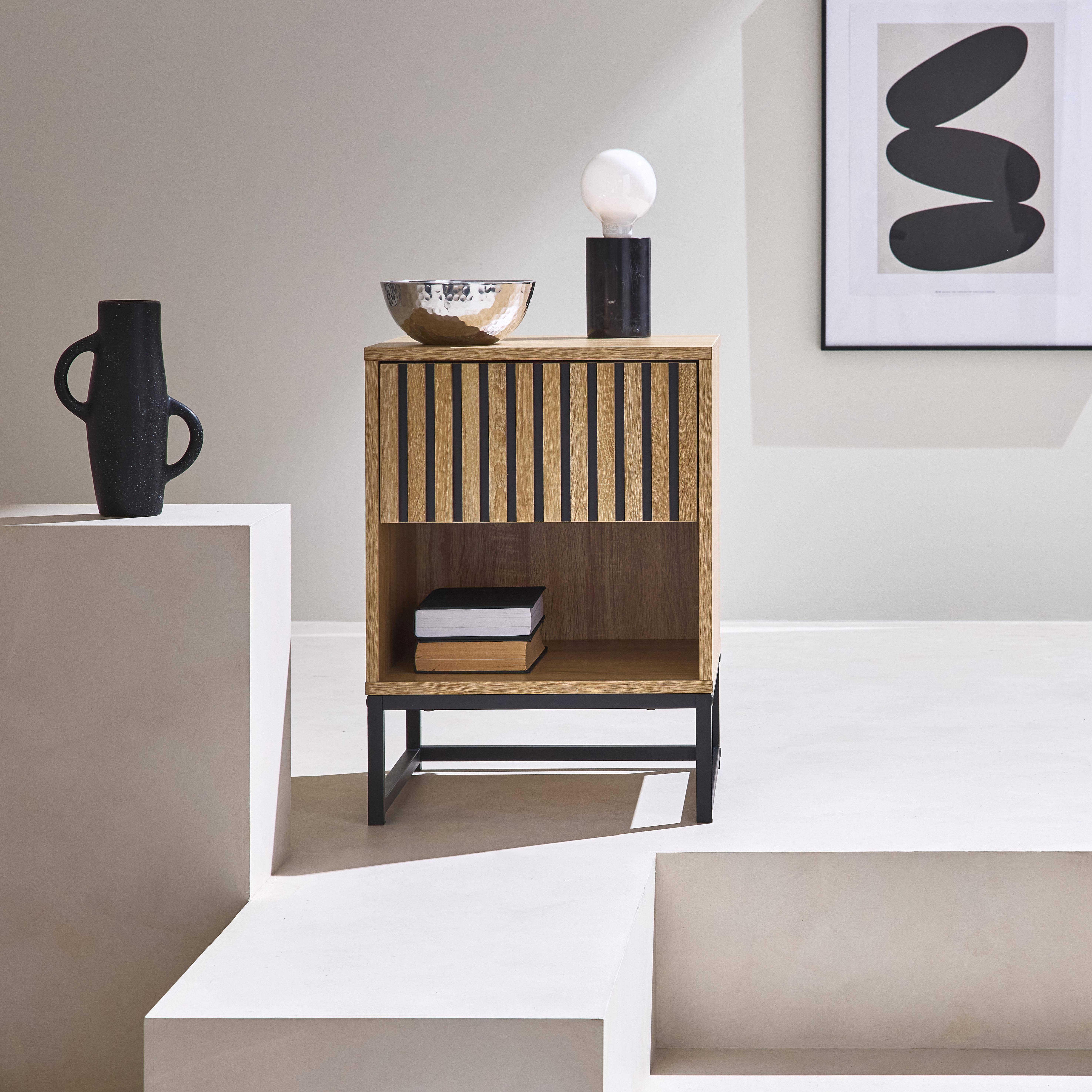 Lisbonne - Mesita de noche contemporánea efecto madera estriada con 1 cajón