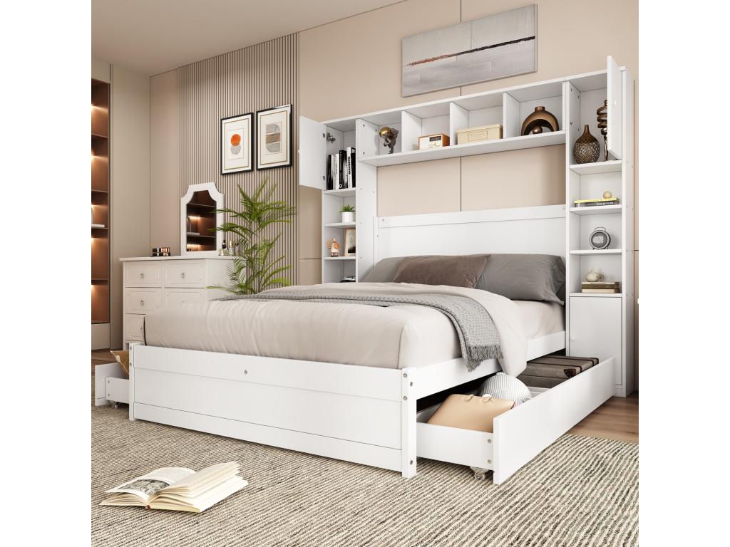 Cama doble 140x200 cm, estructura de cama con somier, 4 cajones, cabecero y espacio de almacenamiento, MDF + panel multicapa, blanco