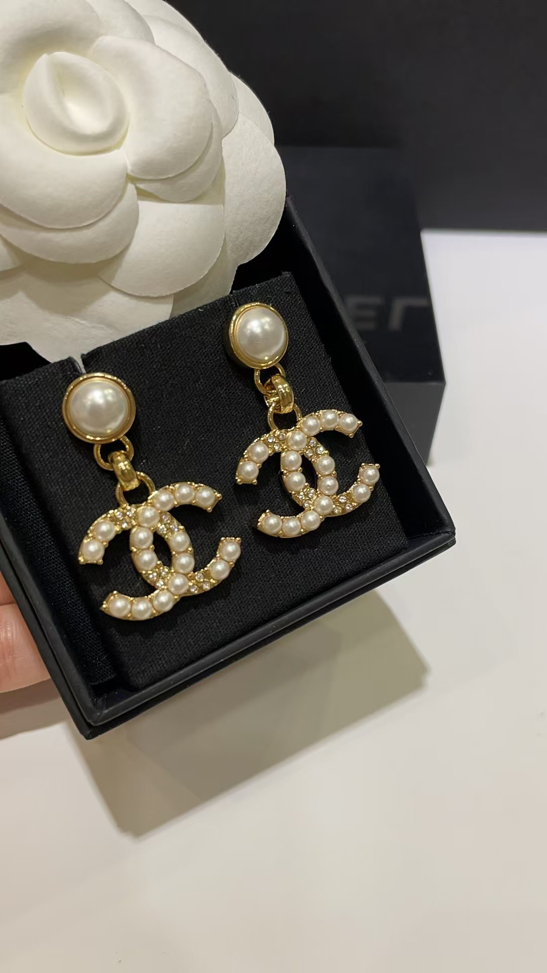 Chanel Pearl Paved Double C Earrings - Original Replica Club