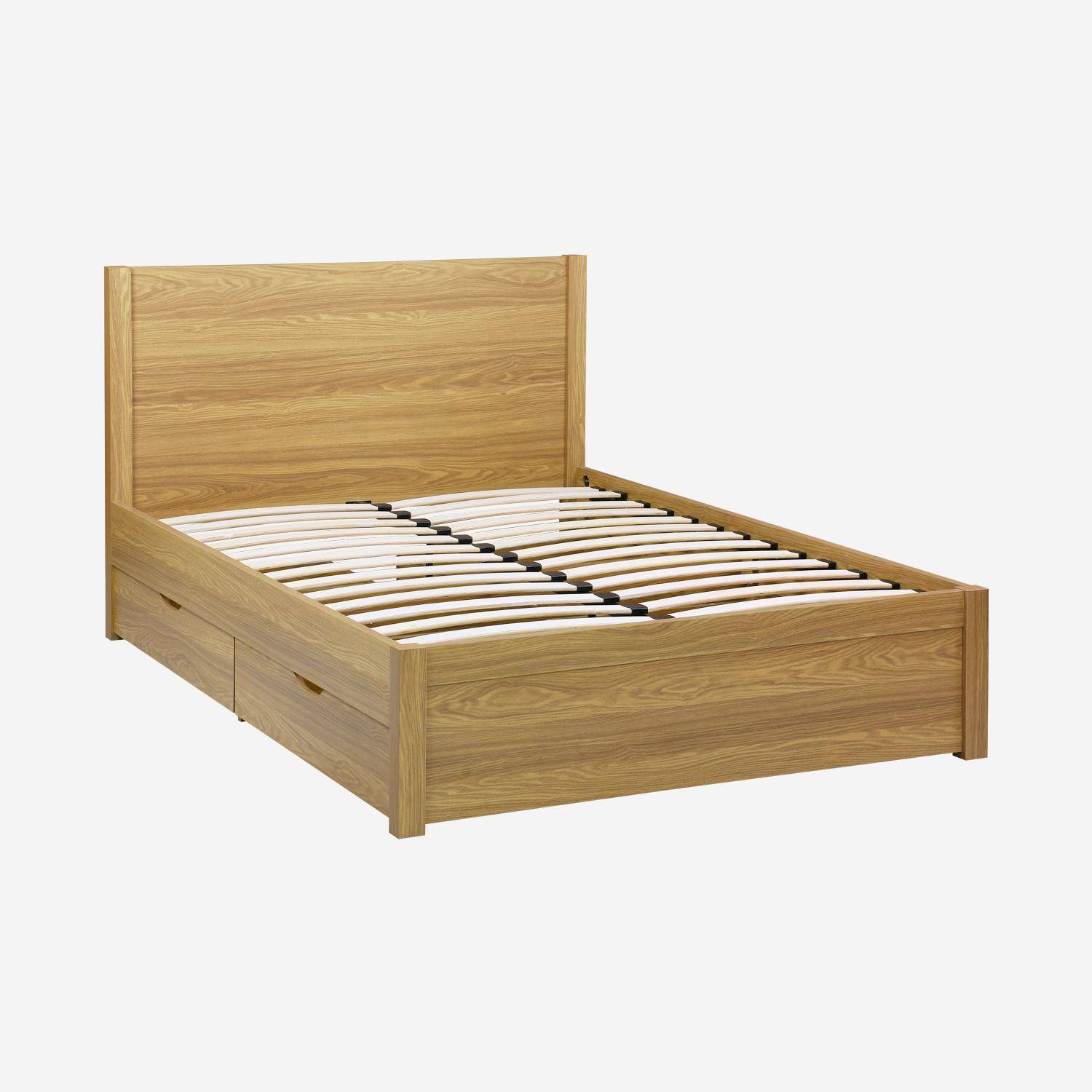 Nepal - Cama con somier de láminas y cabecero, 140x190cm + 4 cajones decorativos de madera