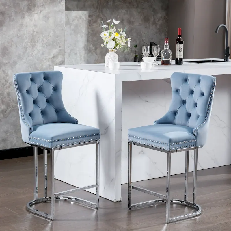 Contemporary Set of 2 Bar Stools with Button-Tufted Back and Studded Trim, Chrome Metal Base - Ideal for Dining Room, Living Room, and Bedroom