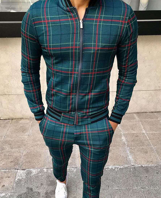 Casual Plaid Print Zipper Long Sleeve Coat & Pants 2Pcs Set