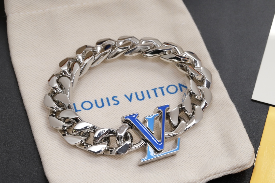 Louis Vuitton Silver Chunky Cuban Chain Blue LV Men's Bracelet - Original Replica Club