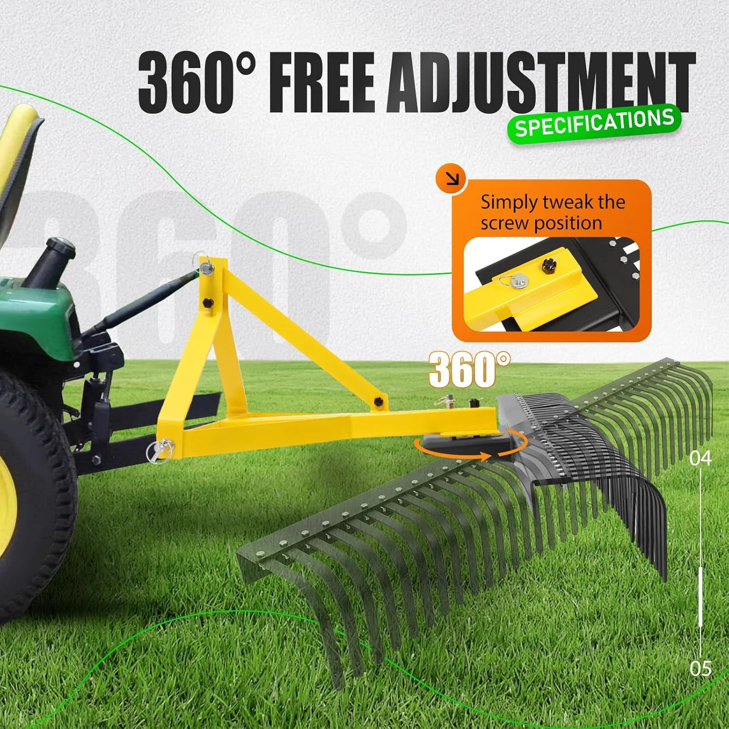 KOJEM 60In Landscape Rake 3 Point Rake 360 Degree Rotation Compatible with Category 1 Cat1 Compact Tractors Tow-Behind Garden Tool for Garden Farm Clearing Brush Raking Arenas 2 Package Yellow - Image 5