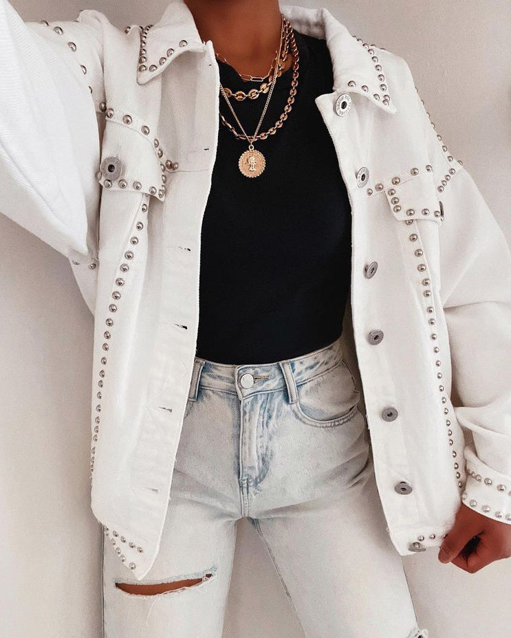 Kind Of A Big Deal Pocketed Studded Denim Jacket - White - SALE - Se7enfashion