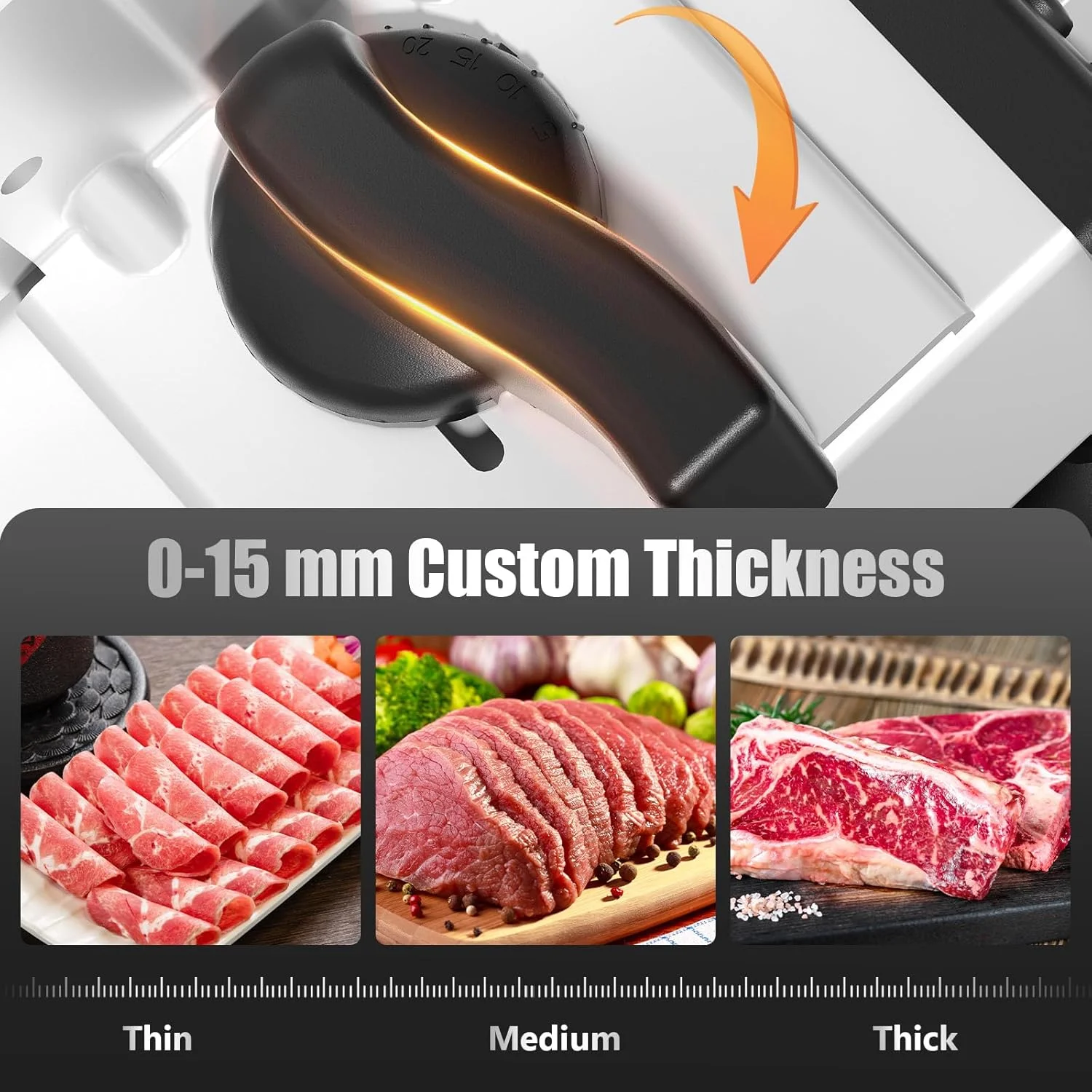 OSTBA Meat Slicer with Quiet DC Motor, 200W Electric Deli Slicer, Dual 7.5'' Stainless Steel Blades, 0-15mm Adjustable Thickness, Easy to Clean, Ideal for Meat, Cheese, Bread, and Vegetables - Image 2