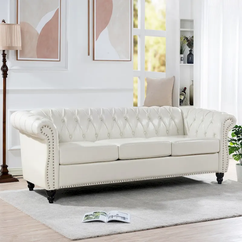 Cream 84.65 Traditional Chesterfield 3-Seater Sofa in PU Leather