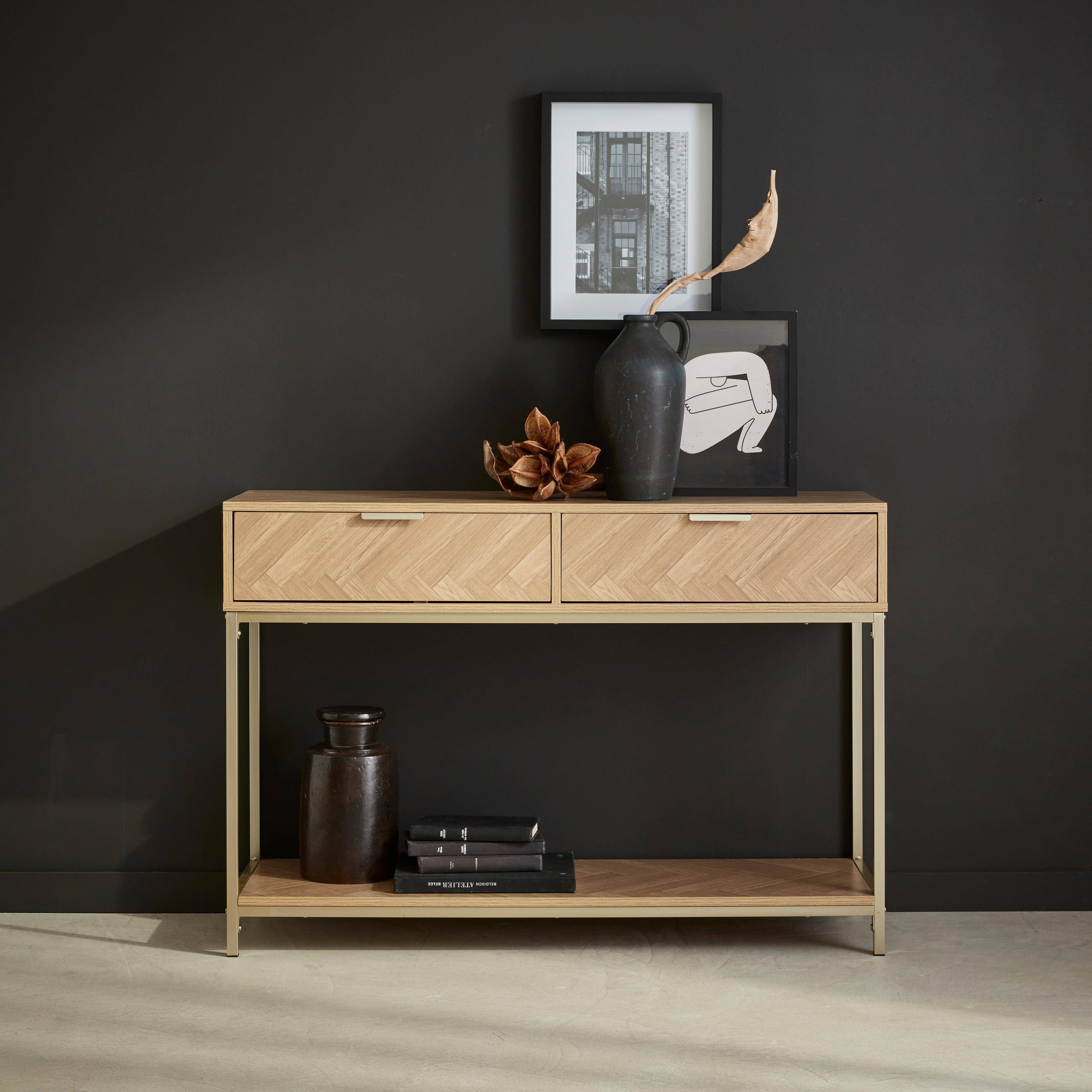 Budapest - Consola de madera con efecto espiga y 2 cajones, 110cm