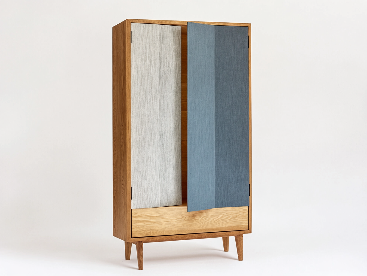Armario de madera con puertas de tela en azul y gris para salón o dormitorio