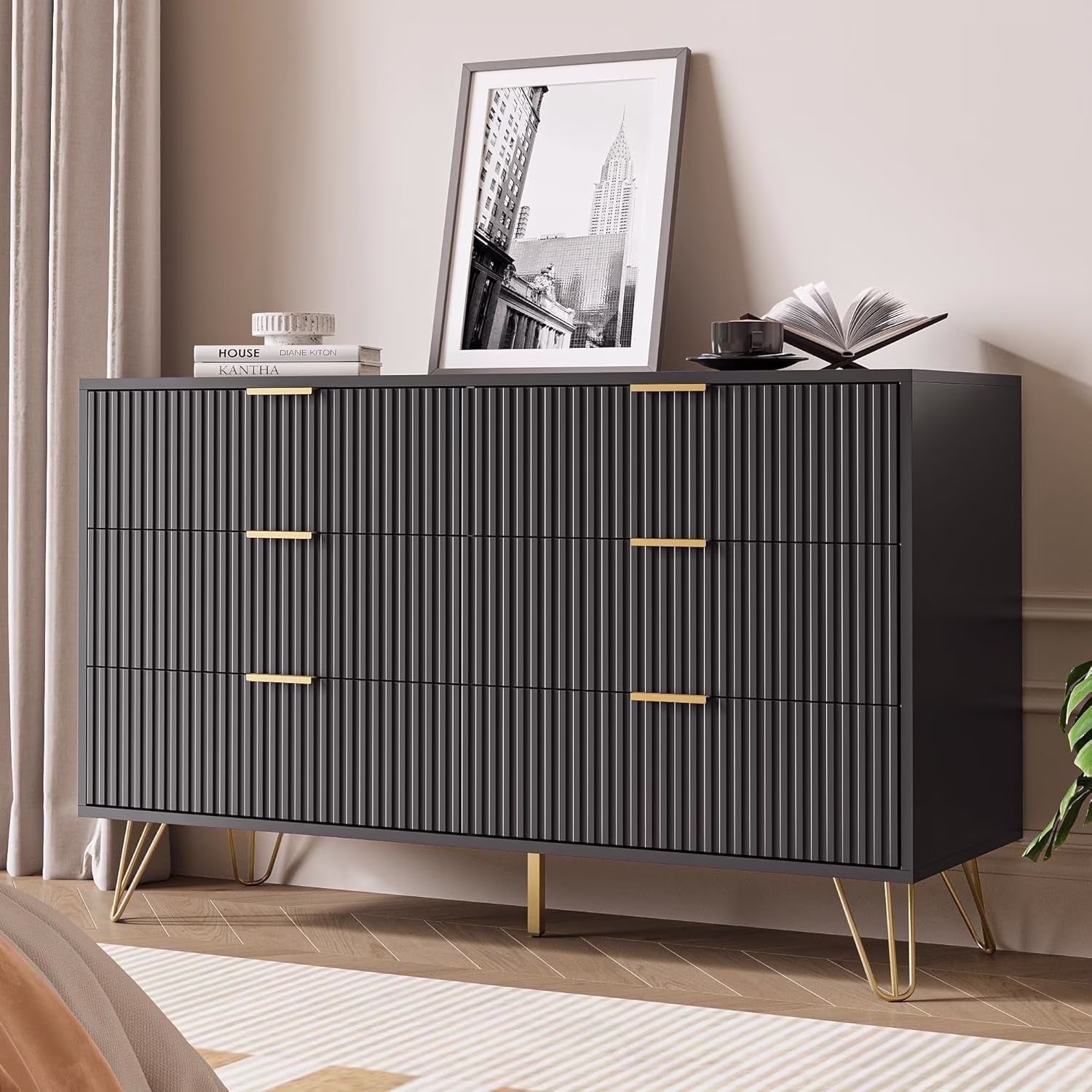 FURNIWAY White 6 Drawer Dresser for Bedroom, Modern Dresser with Gold Metal Handles,Fluted Wood TV Stand for Living Room, Hallway - Image 3
