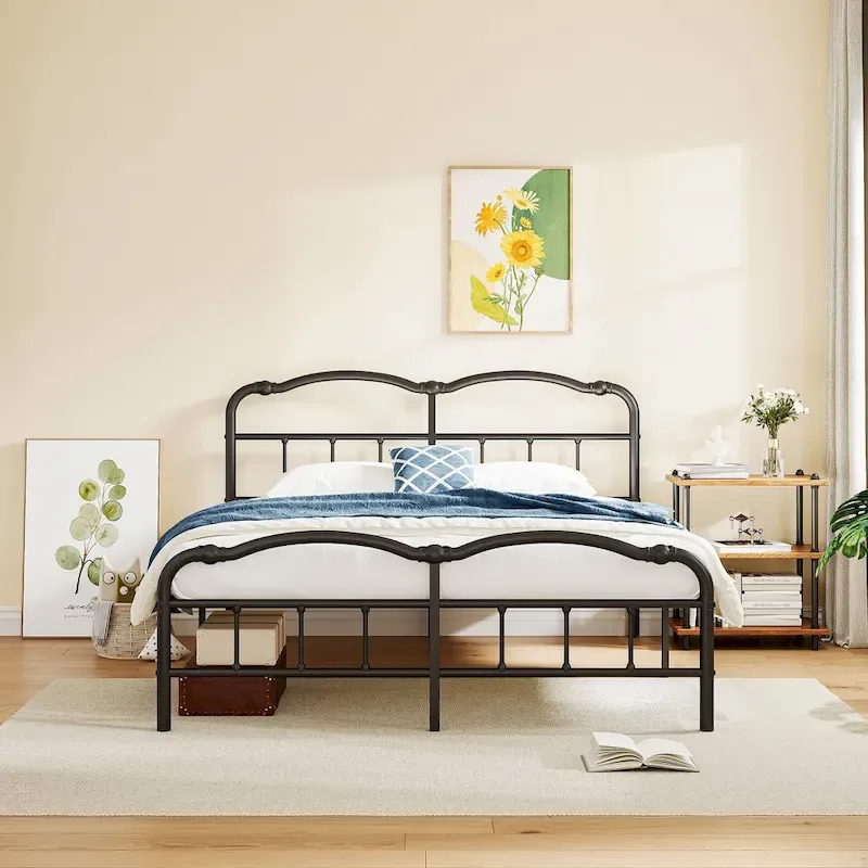 Sturdy 18-Inch High Steel Tube Iron Bed with Double Wave Headboard and Footboard