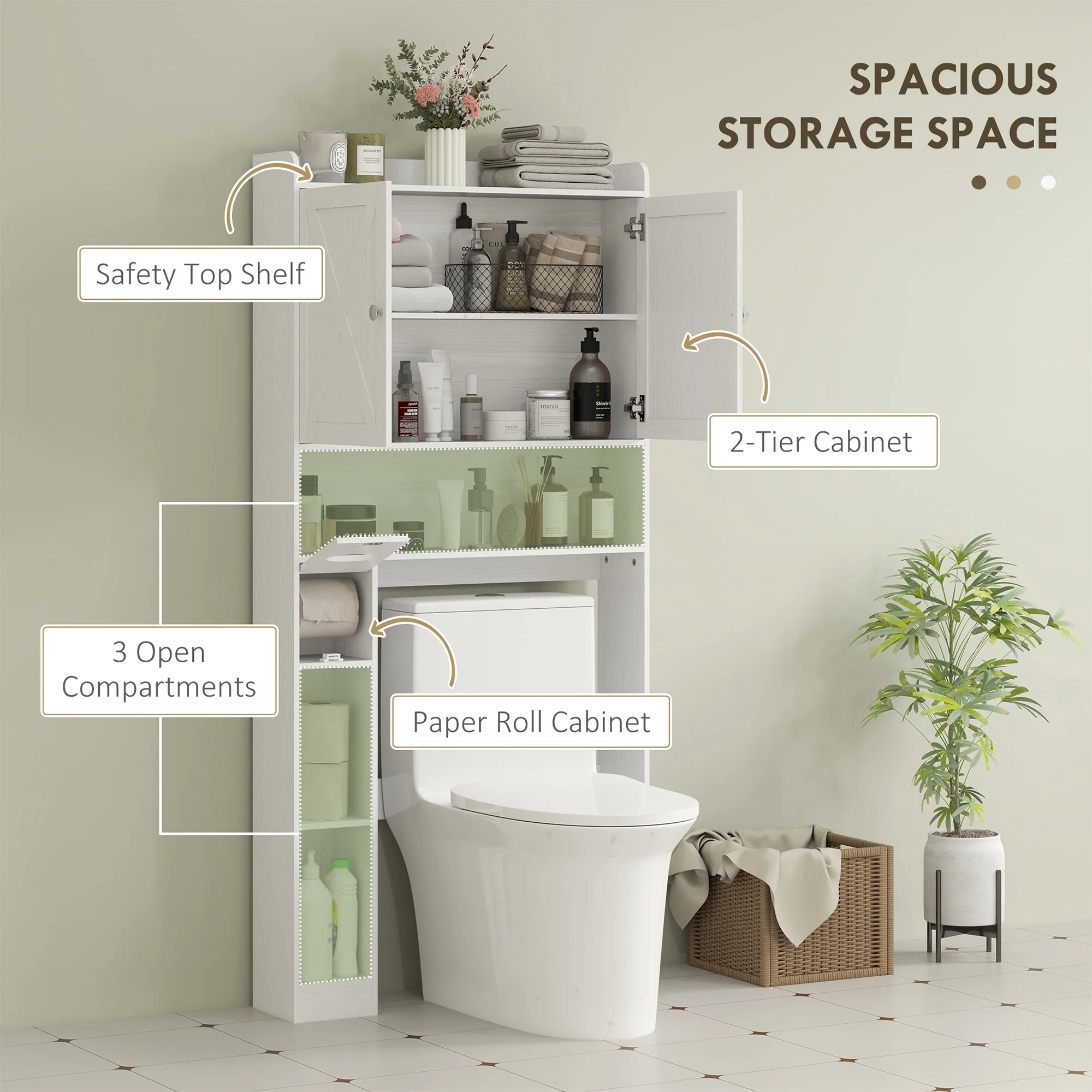 HOMCOM Over the Toilet Storage Cabinet, Farmhouse Above Toilet Bathroom Organizer with Barn Doors, Adjustable Shelf, Toilet Paper Holder, White - Image 3