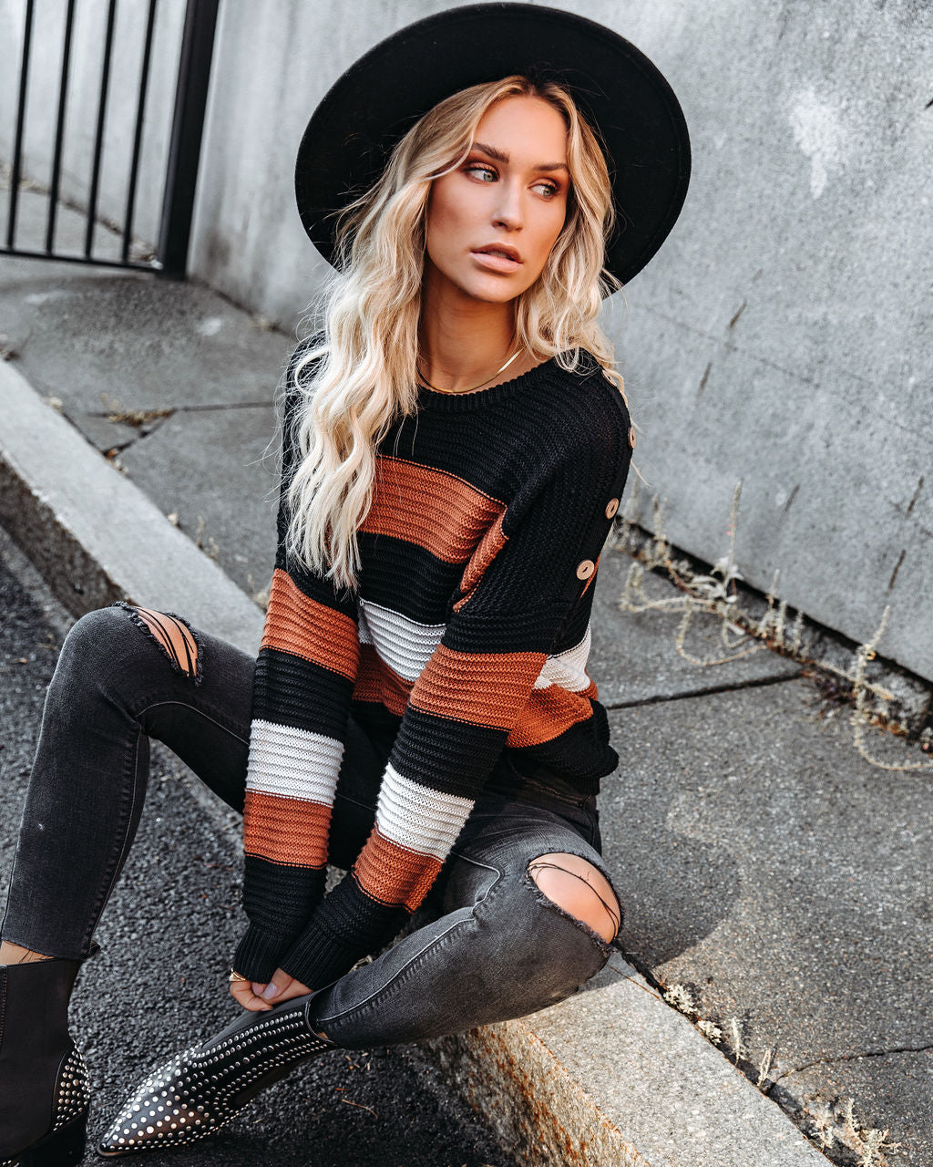 Younes Button Detailed Striped Knit Sweater - Se7enfashion