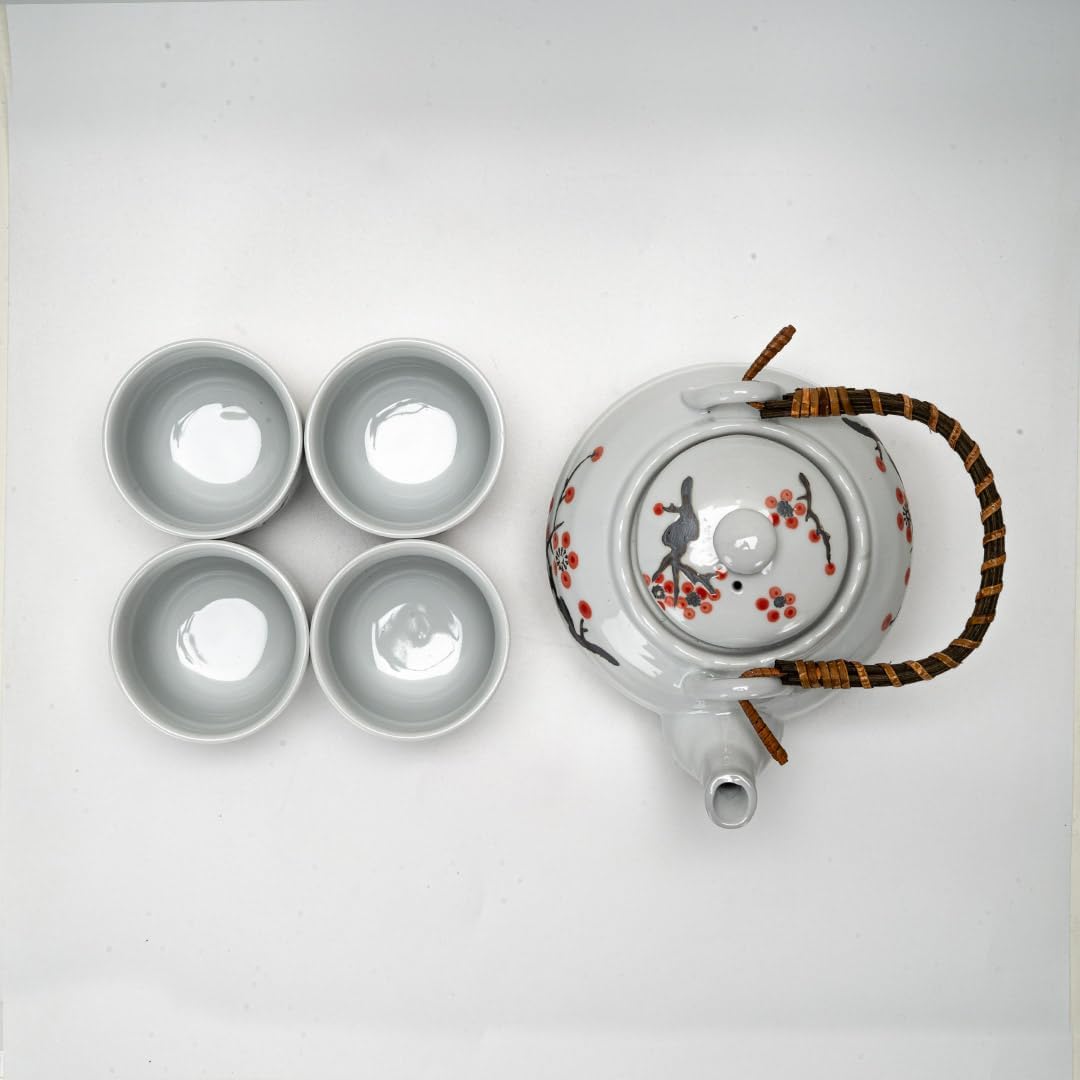 Urban Tokyo Japanese Cherry Blossom Torii Gate Design Tea Set, 22 oz Ceramic Teapot with 4 Cups, White with Bamboo Handle