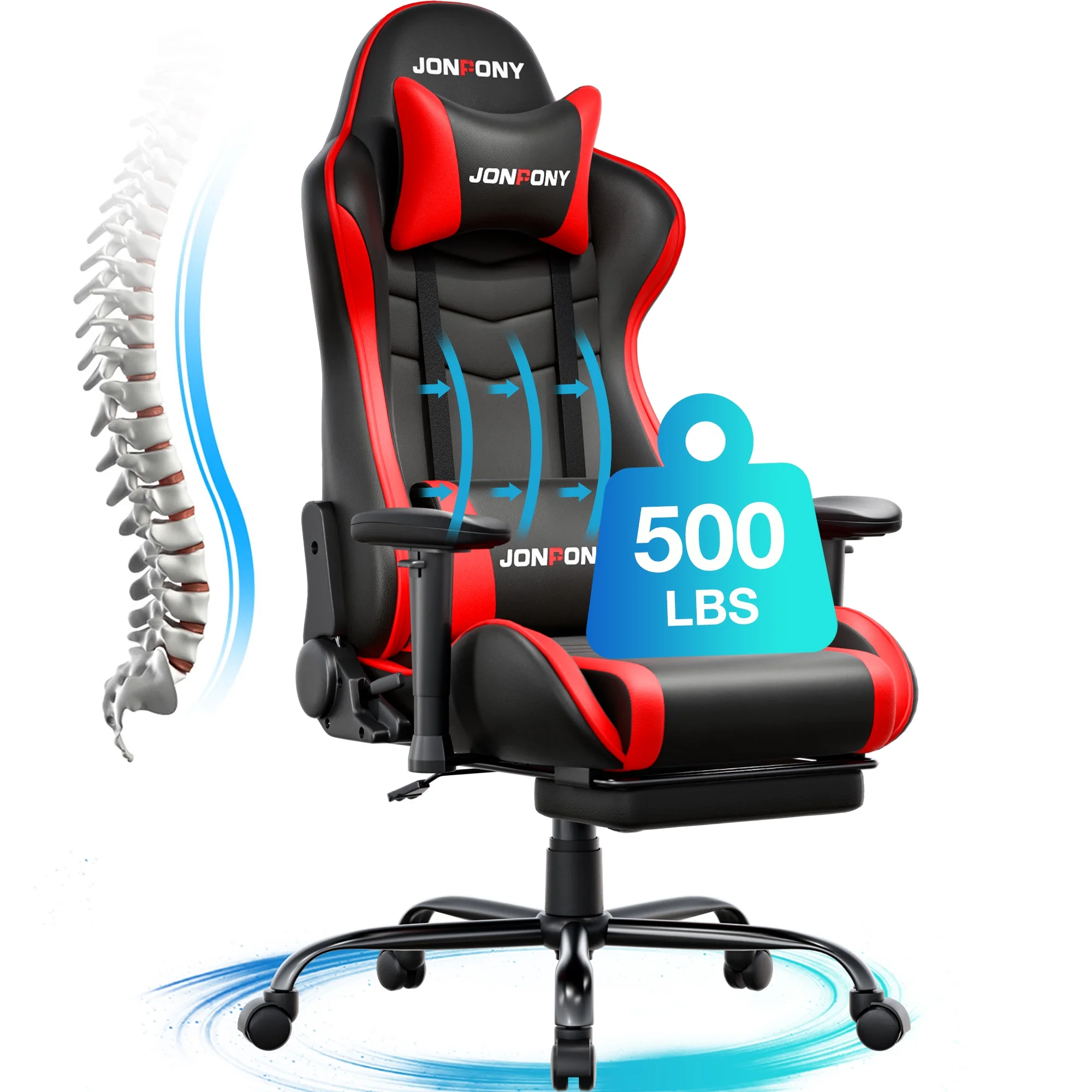 JONPONY Big and Tall 500LBS Gaming Chair, Ergonomic Design, Gamer Chair PU Leather with Footrest and Lumbar Support, High Back Office Chair Support 8 Hours Long Sitting, Computer Chair,Red - Image 17
