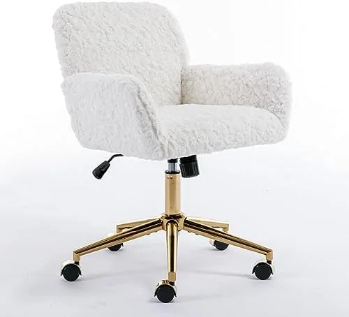 Fluffy Desk Chair,Height Adjustable Vanity Chair with Wheels,Comfortable Faux Fur Desk Chair with goldenn Base, Arm Chair for Bedroom,Living Room,Vanity,Office - Image 7