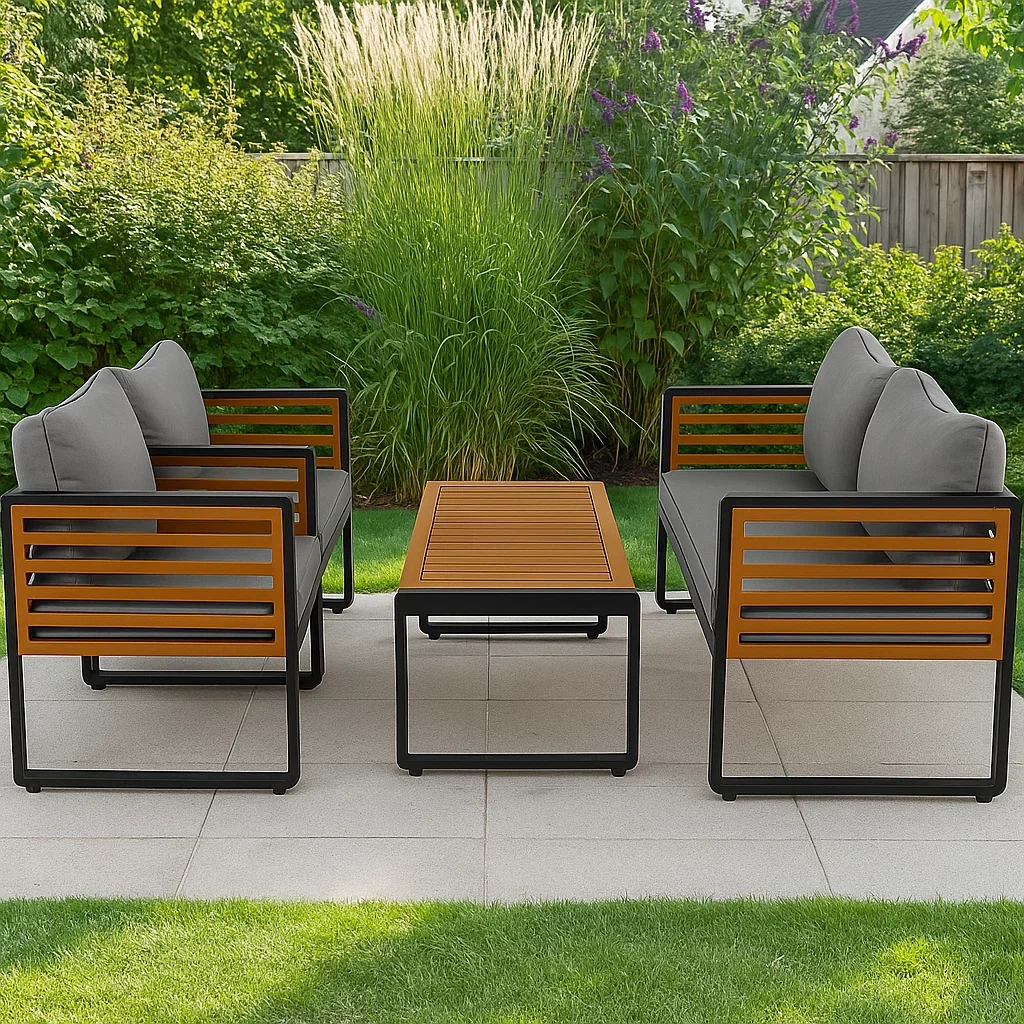 Conjunto de jardín con 1 sofá de 2 plazas, 2 sillones individuales y 1 mesa de centro,Acero y madera, cojines grises - SkbLtNS224DP