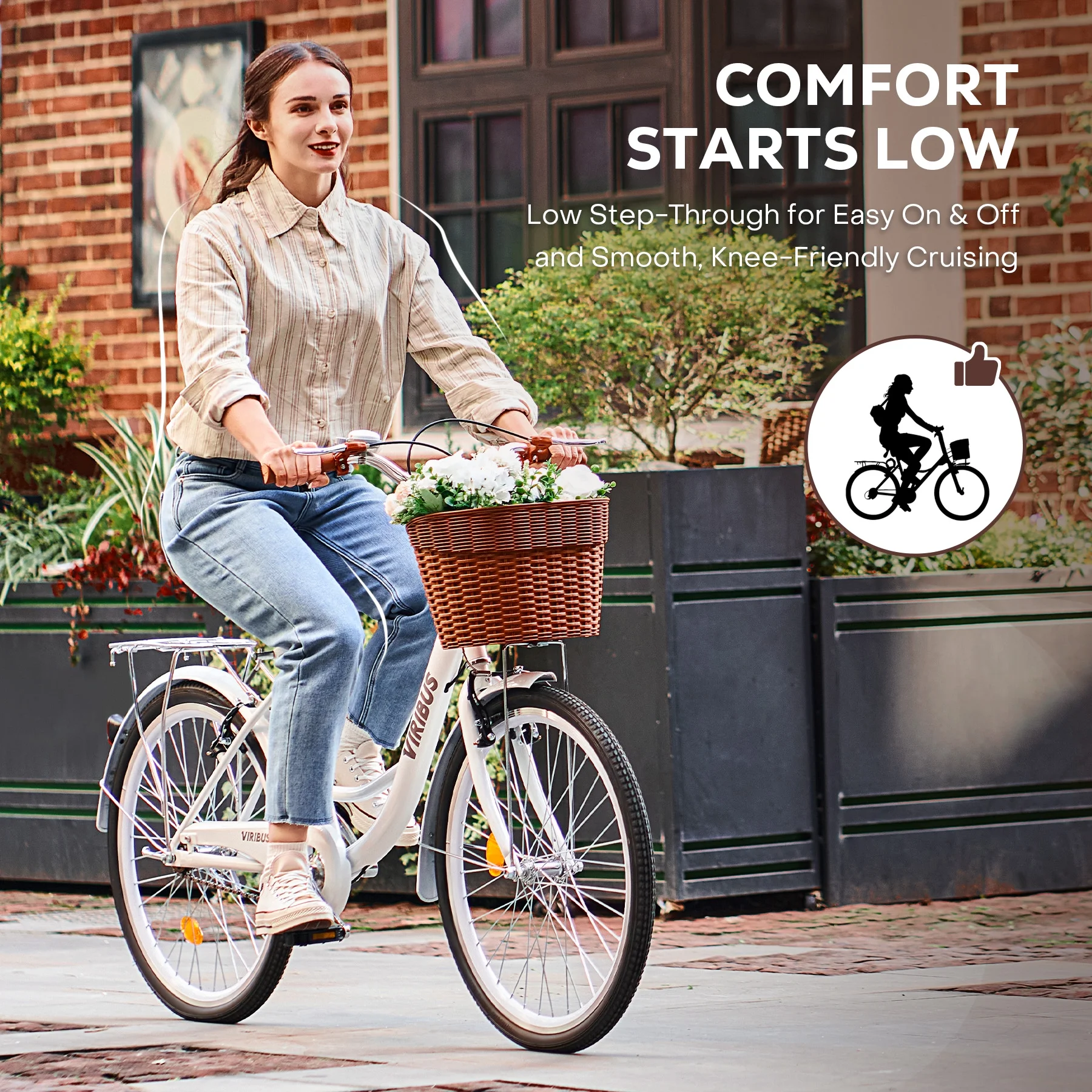 Viribus Women's Comfort Bike 24 inch Beach & City Cruiser Bicycle with Basket Rack White - Image 4
