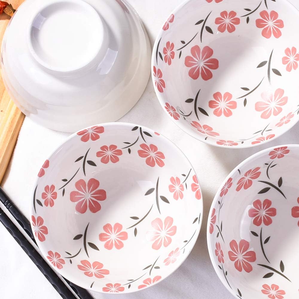 Japanese Ceramic Rice & Sushi Bowls Set – 4 Pack White Cherry Blossom Design, Microwave & Dishwasher-Safe, Elegant Dinnerware for Home, Restaurants