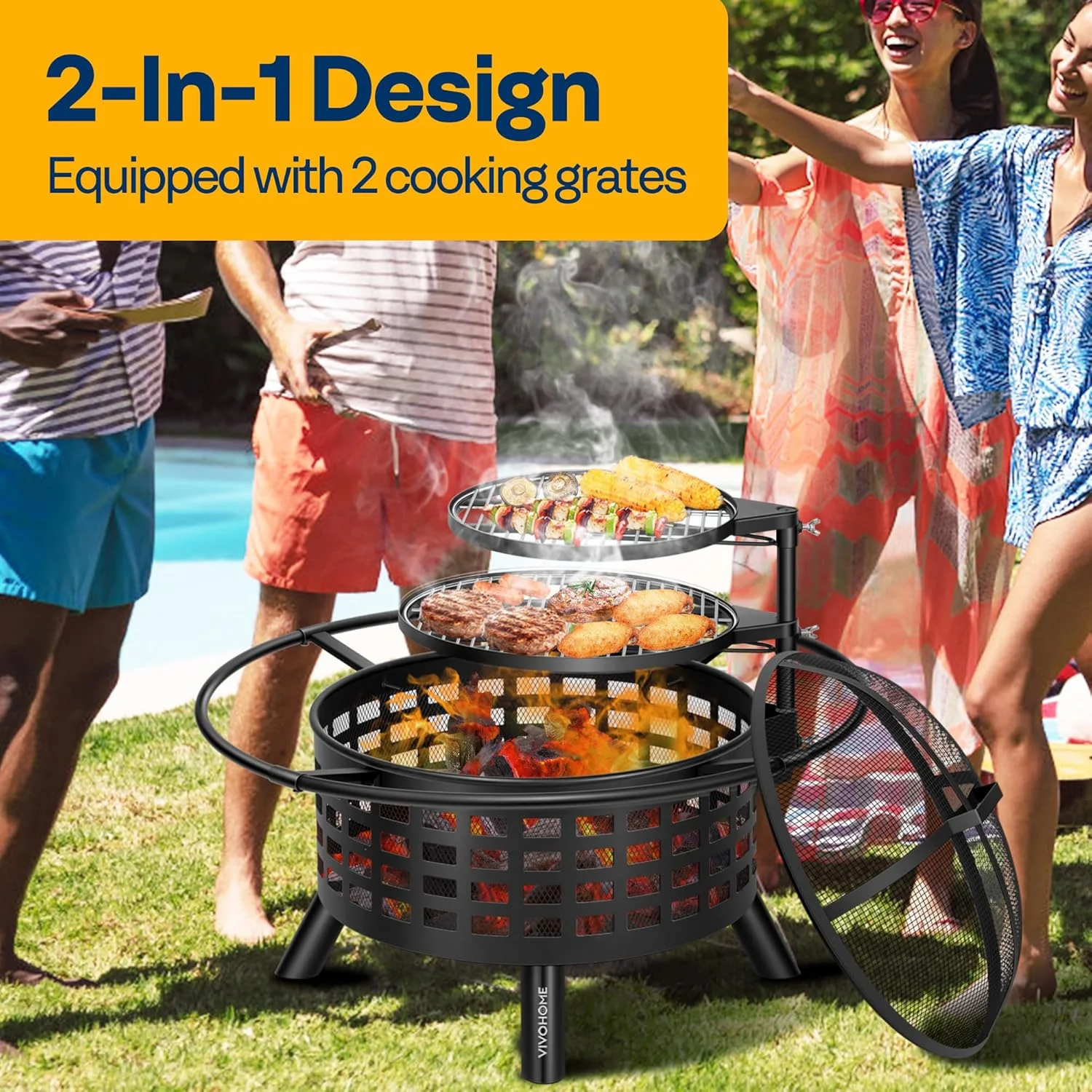 SPECSTAR 3-in-1 Fire Pit-35 in Wood Burning Firepits with Cooking Grill Grate & Charcoal Pan & Cover Lid, Metal Table for Backyard Bonfire BBQ Outdoor Camping Picnic - Image 9