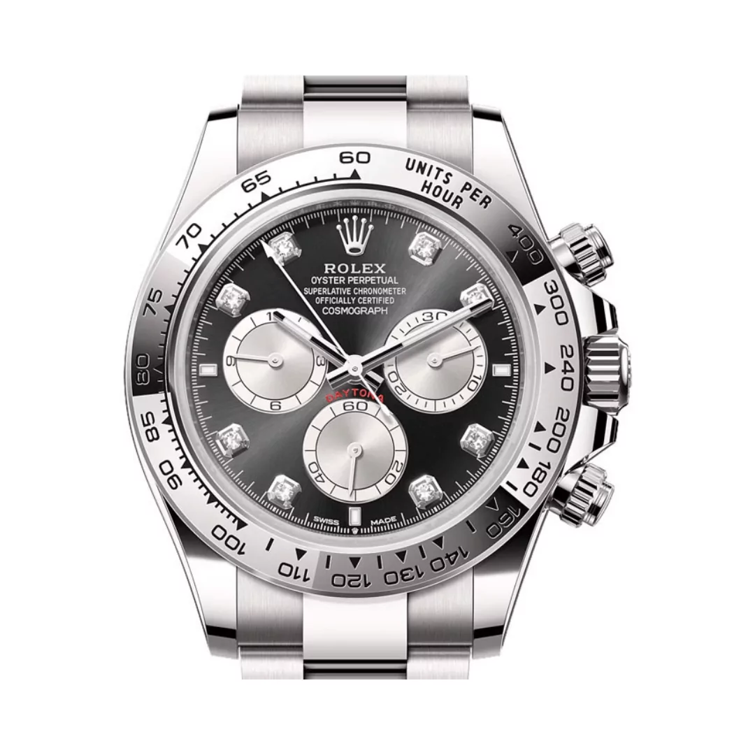 Replica Rolex Cosmograph Daytona White Gold Black Dial Diamond Markers 40mm