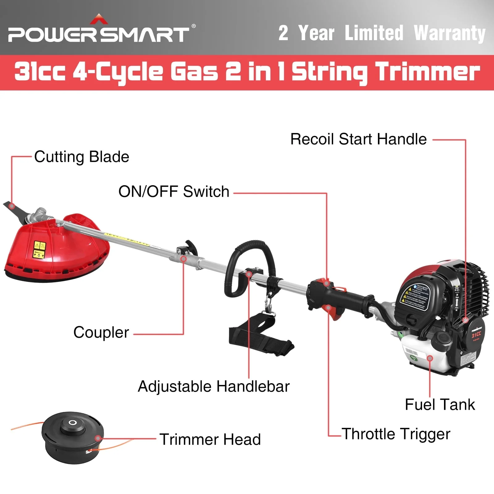 PowerSmart 4-Cycle 31cc 15lb Straight Shaft Gas String Trimmer Weed wacker and Brush Cutter for Lawns and Grass - Image 8