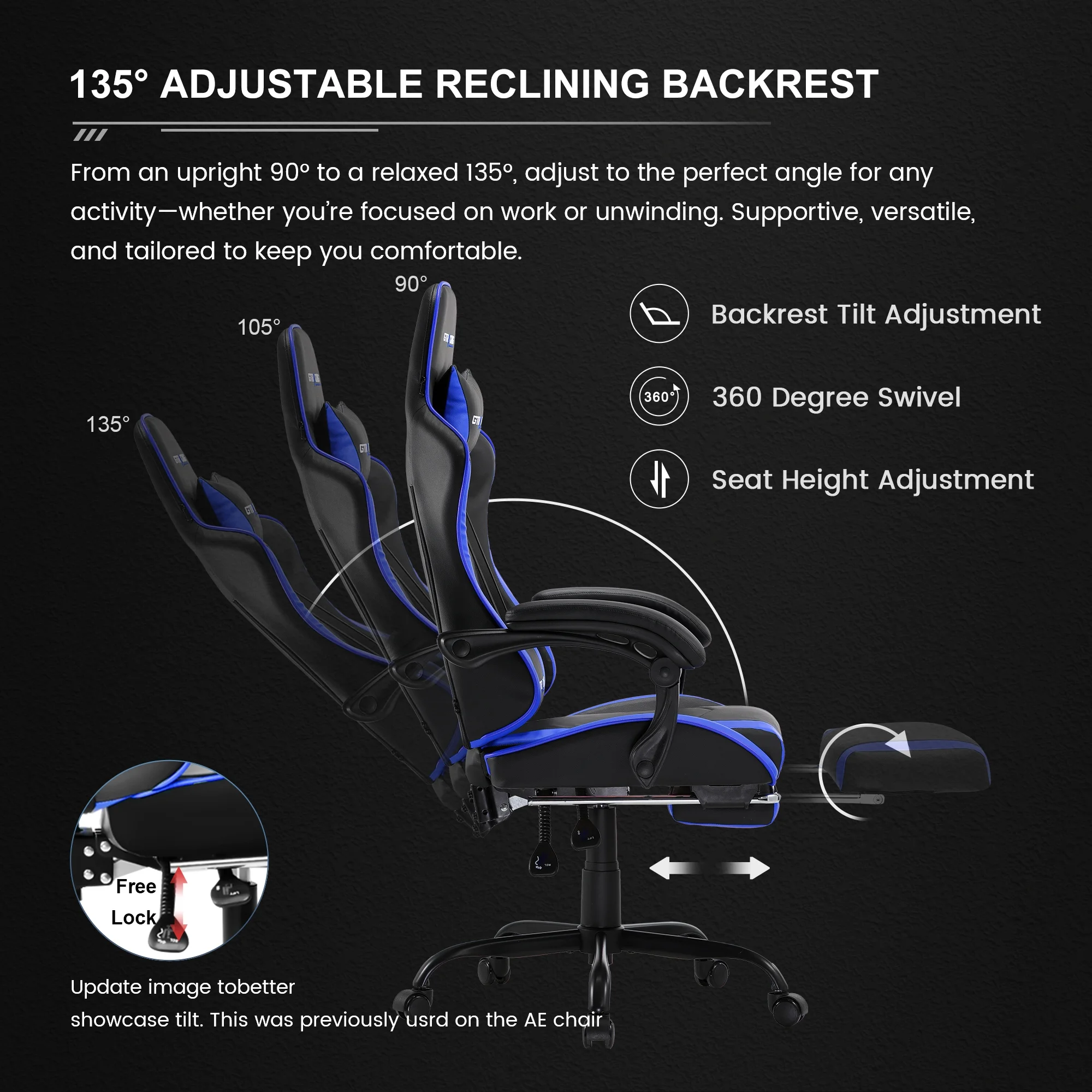 GTRACING GTWD-200 Ergonomic Gaming Chair with Adjustable Pillows and Footrest , White - Image 20